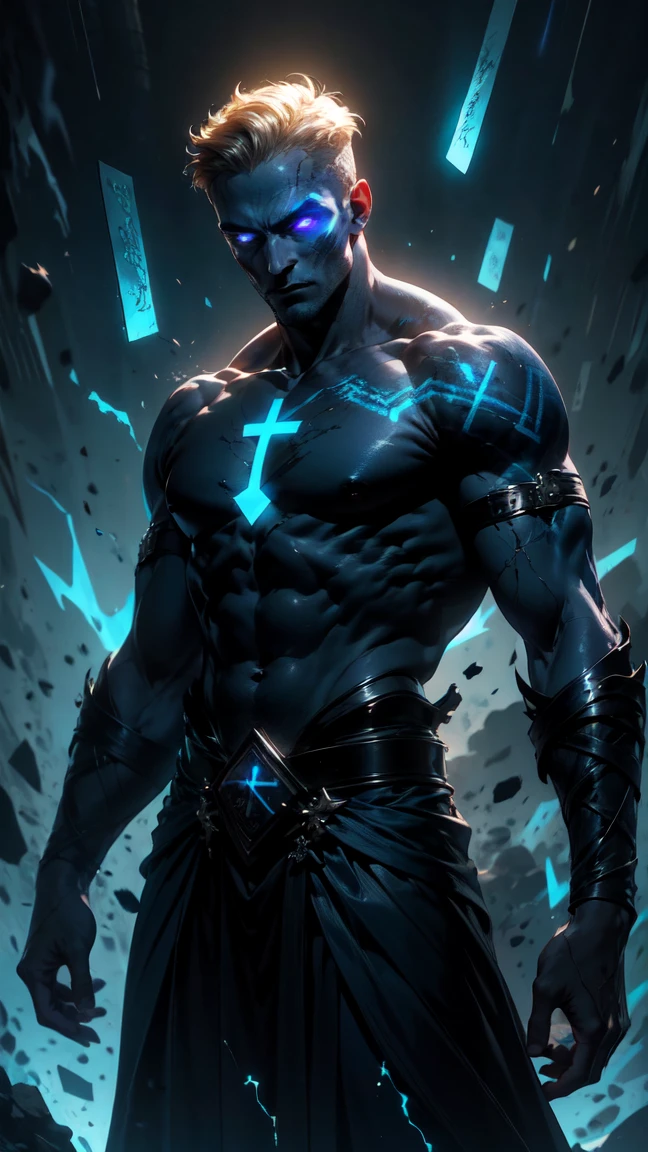 (masterpiece, realistic, best quality, (beautiful and aesthetic:1.4), extremely detailed), (dark fantasy:1.4) (rough male dark mage,  (35 years old), short blond hair, unshaved, blue eyes), (body covered in glowing runic tattoo, (glowing runes:1.4)), covered in scars, sleeveless, ((demonized hand, detailed glowing eyes, casting spell)), (in underworld, hell, dark scene), standing in dark shadow, dynamic pose, (dark blue theme:1.3), (blue energy magic swirling around:1.3), cinematic lighting, r1ge, dark blue glow, cracks, glowing cracks, cracked skin, shattered skin, fractured skin, broken skin, detailed face, (detailed weathered skin), (solo:1.3), (1male:1.4), (elegant, intricate, digital photography, high quality, CG, 4k, extremely detailed, sharp, HDR),