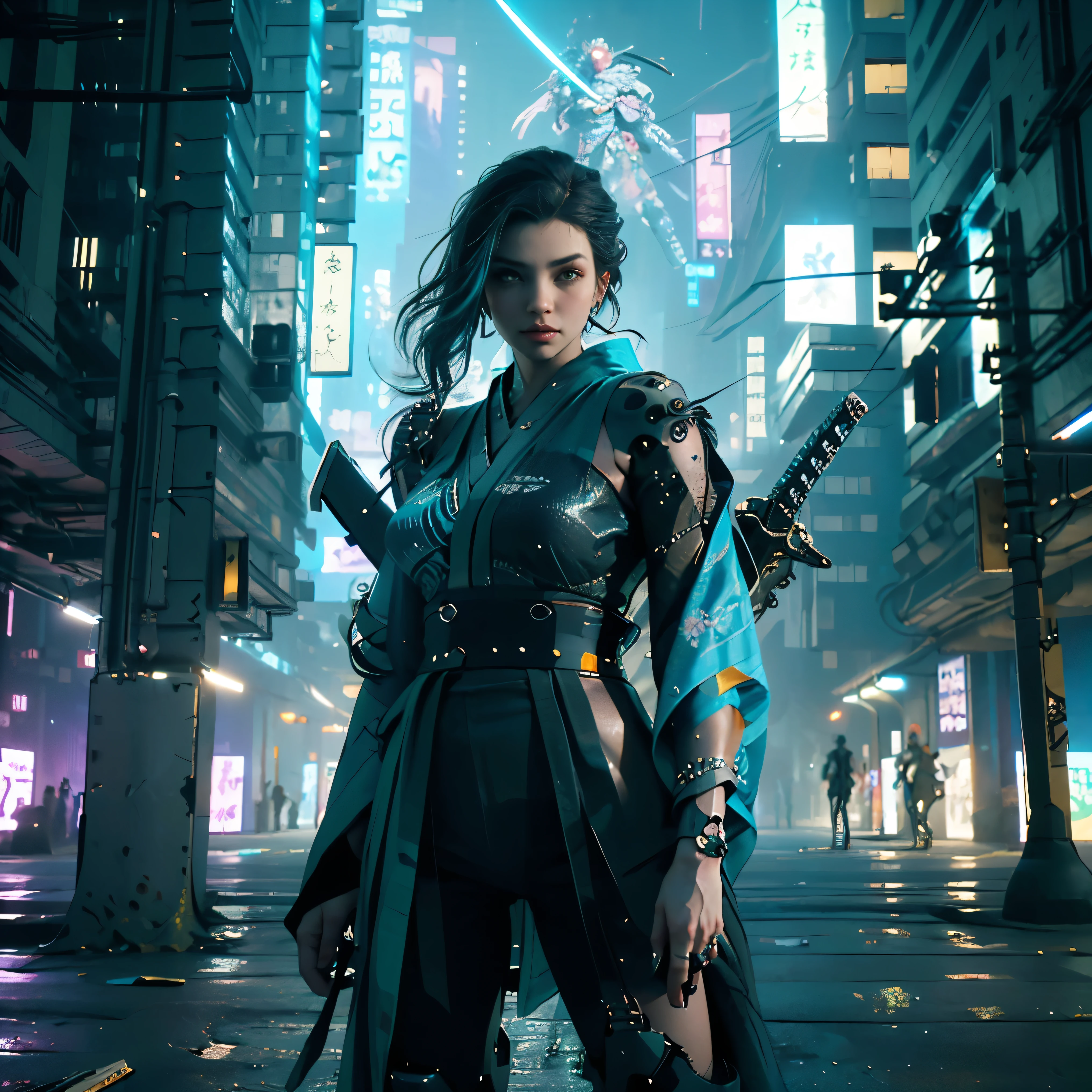 highest quality、Super fine、Realistic、A young and very beautiful woman、Beautiful detailed eyes、Beautiful detailed lips、cyberpunk、huge breasts、(Holographic kimono:1.4)、((Mecha、Armament、knife、Cyberpunk city girl:1.37))、neon、Street graffiti、Night view、Mysterious atmosphere、High-tech gadgets、Vibrant colors、 Glowing Effects、Urban decline、skyscraper、Bustling Crowd、Urban fashion、Sleek and futuristic design、Technological advances、Edgy hairstyles、Dark Alley、Electronic Music、Energy Beam、A strong and confident posture、Cool and confident look、Detailed Mecha Armor、Cowboy Shot、Samurai girl