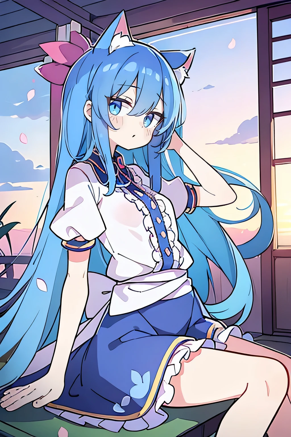 (masterpiece:1.2),Super detailed,Practical,expressive eyes,Fair skin,Perfect face shaping,1 Girl,
Japanese cartoons,Gorgeous blue hair, the long flowing blue hair,Floating clothes,Cat ears,Petals falling,beautiful lola,Young Angel,
Hands on waist,sit elegantly on the ground,Cross your legs,Gentle and peaceful background,Cool and cozy pavilion,Sunset,