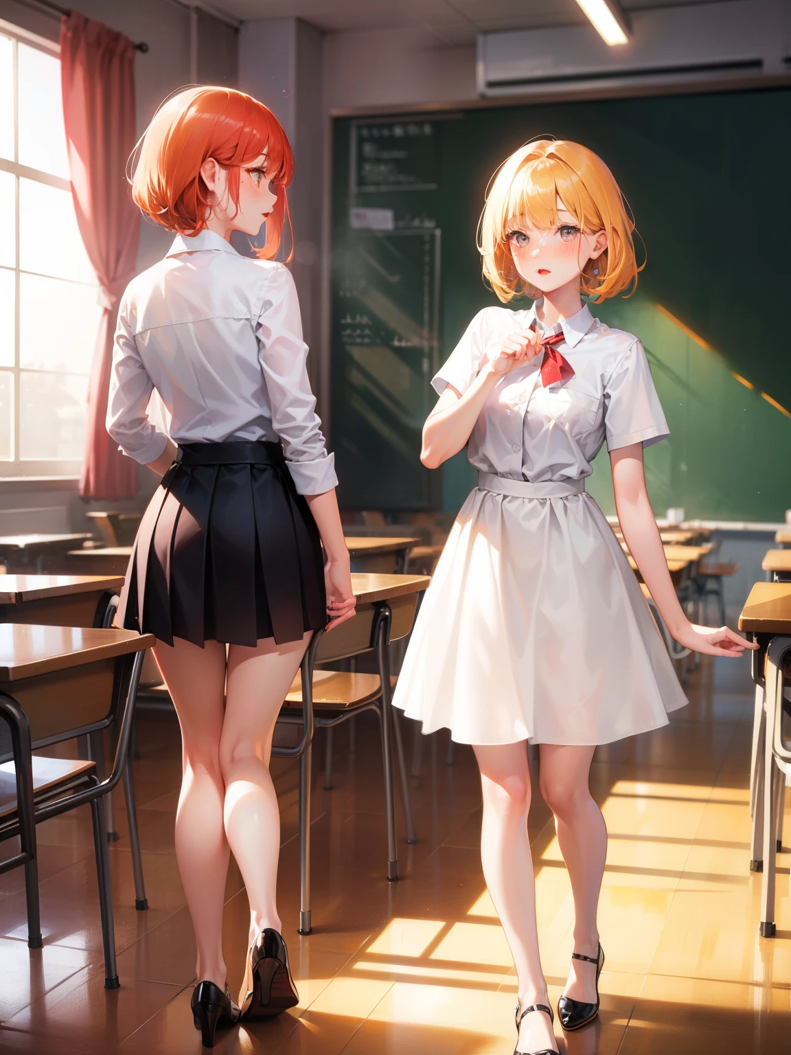 Dynamic posing, dynamic angle,Top quality work，Show Legs，Shiny cream Dress，(short ginger hair)，(ginger eyes), lovely red lips, Rose cheeks, Pretty Face, A perfectly proportioned face, school shirt and skirt,  ，in classroom，full-body view，overall look is very , amazing, Large round chest、Beautiful eye details、(Very slender eyes)、Beautiful eyelashes、beautiful double eyelid, Shy, with blush cheeks,