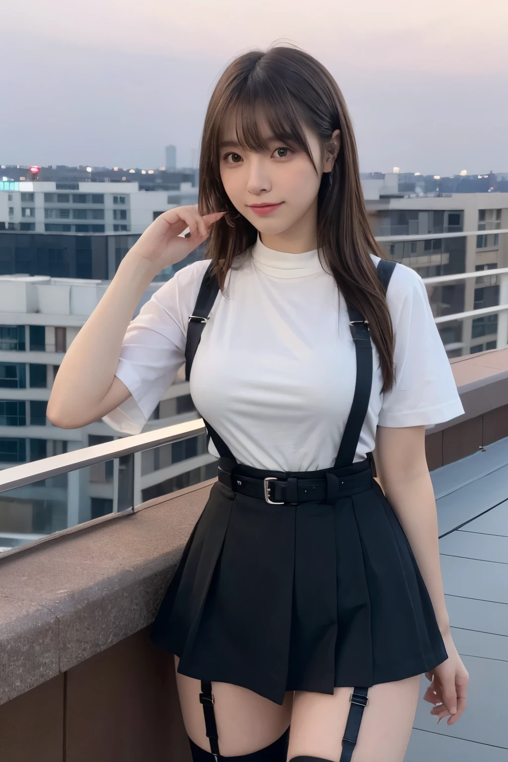((Midnight, highest quality, 8k, masterpiece :1.3)), whole body, Long legs, Sharp focus :1.2, Beautiful woman with perfect figure :1.4, Slim Abs :1.1, ((Dark brown hair, Big Breasts :1.2)), (White tight T-shirt, Jean Bib, Are standing:1.2), ((Night city view, rooftop:1.3)), Very detailedな顔と肌の質感, Fine grain, Double eyelids one girl,highest quality,masterpiece,figure,Very delicate and beautiful,CG,Unity,8k wallpaper,wonderful,In detail,masterpiece,Official Art,Very detailed CG Unity 8k wallpaper,Incredibly absurd,Large file size,Very detailedな,High resolution,Very detailed,Beautiful detailed girl,Realistic,from the front,Outdoor, suspenders Large swollen breasts Black mini skirt garter belt Knee-high socks bangs Beauty Hands up Black boots one person Dress shirt Hands Behind Back put your hands behind your back With your hands behind your back Armament holster A room at the Belt Hotel Bed Wall side