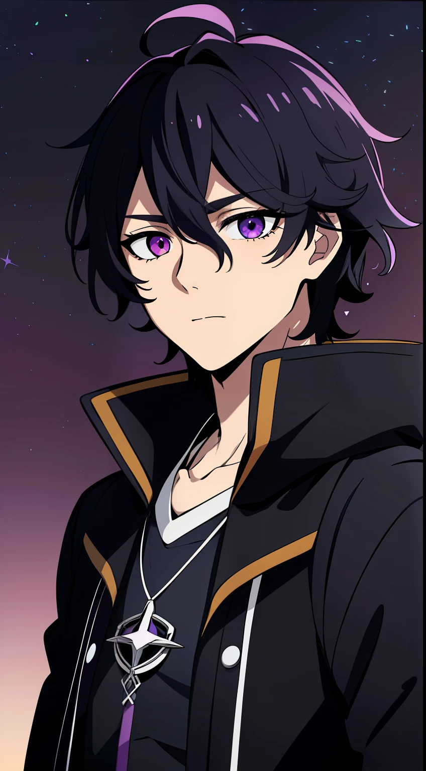 (high-quality, breathtaking),(expressive eyes, perfect face) 1male, male , solo, teenager, short hair length, wavy curly hair, messy hair, white and black hair color, multicolored hair, deep purple eye color, music, mature, haunting twilight background, slightly narrow eyes, hooded jacket, dark purple blue shirt, modern attire, VFlower Vocaloid Male Version, silver star necklace, detailed eyes, portrait, headshot
