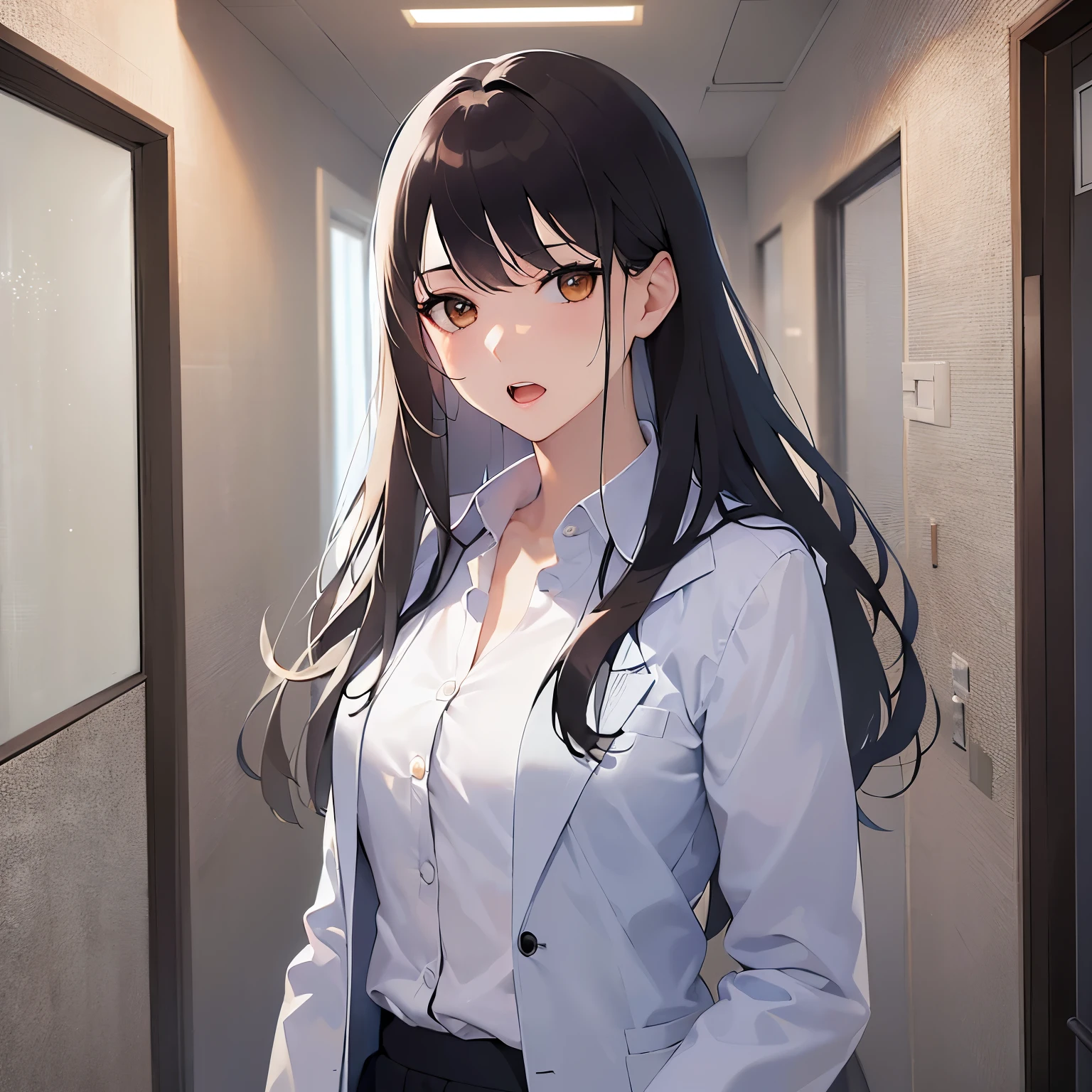 Upper Body, Realistic, real person, (pale skin: 1.2), RAW photo, photorealistic, portrait photography, shiny skin, shiny hair、(A 25-year-old woman with medium-length hair and bangs) and (wavy hair) and (brown hair) and (orange eyes) , (Gray business suit) and (White shirt） 、Confused expression, open mouth, The background is the corridor of an apartment at night、Alone、Are standing