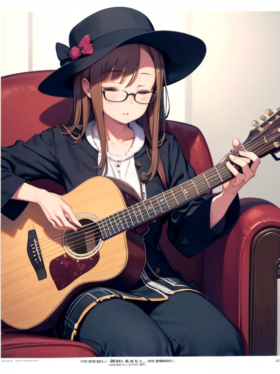 Beautiful girl with glasses　School uniform with short skirt　Cross-legged　Playing acoustic guitar　Whole body　front