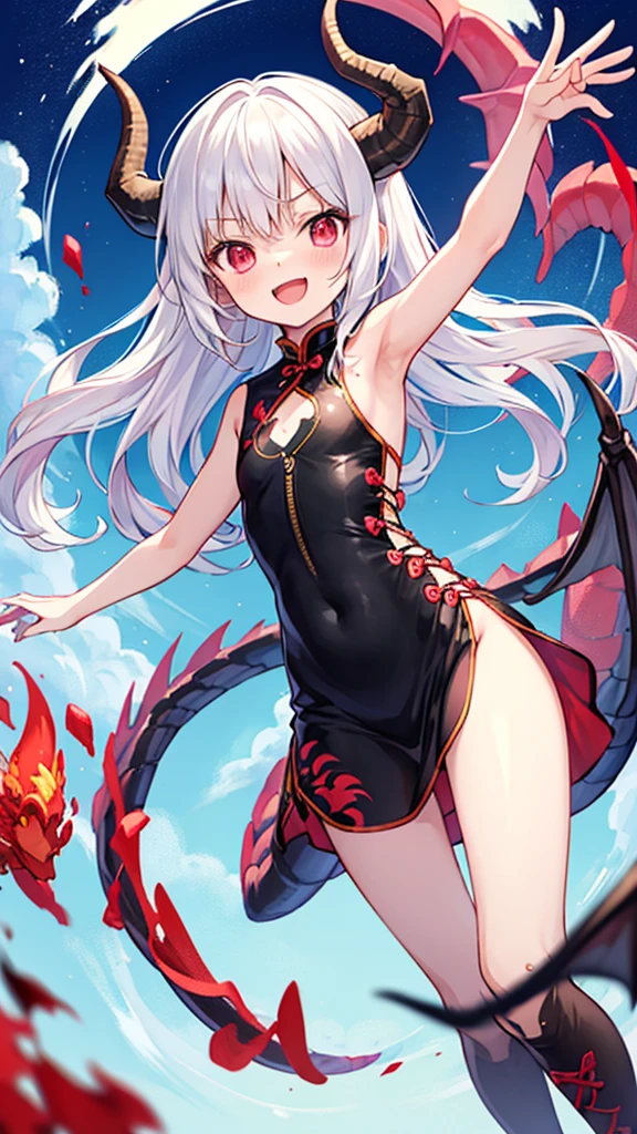 anime style,flat chest shota,kawaiI small little shota,oriental dragon shota,oriental dragon horn and tail,long hair,white hair,messy hair,laugh,
zip slit scarlet bodycon Cheongsam dress,Lace up under the armpits,