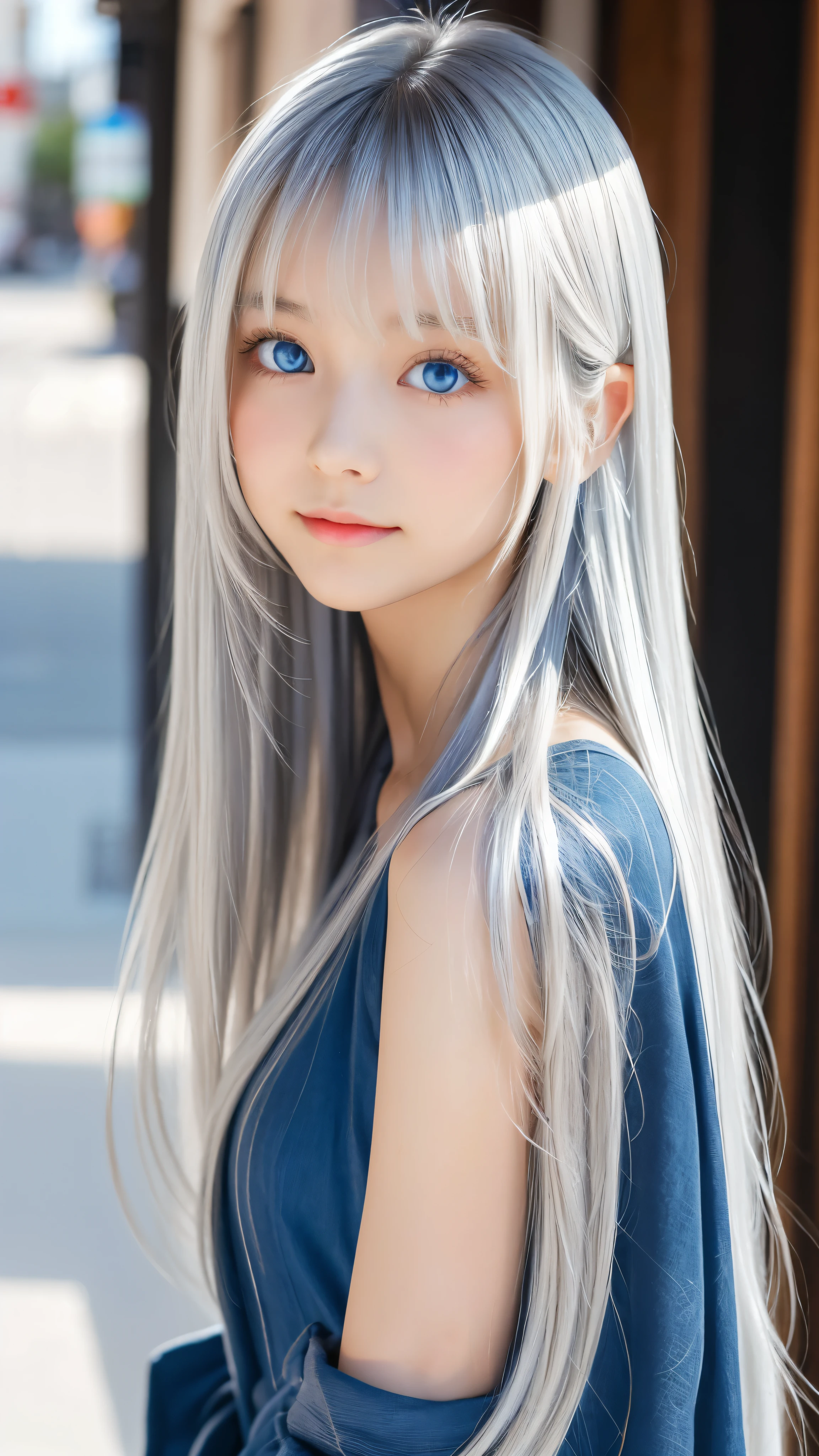 Shining, clear, white skin、Her windblown silver hair hides her beautiful face.、huge、28 years old cute sexy little beautiful face、Beautiful straight hair that stands out、growing up, Sparkling light blue eyes、long silky bangs that cover cute eyes, Sexy and cute young woman with super long hair hiding her sexy face、Shining silver hair