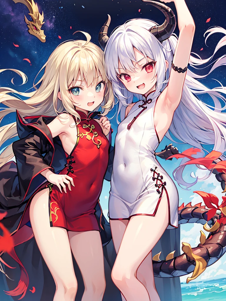 anime style,flat chest shota,kawaiI small little shota,oriental dragon shota,oriental dragon horn and tail,long hair,white hair,messy hair,laugh,
zip slit scarlet bodycon Cheongsam dress,Lace up under the armpits,