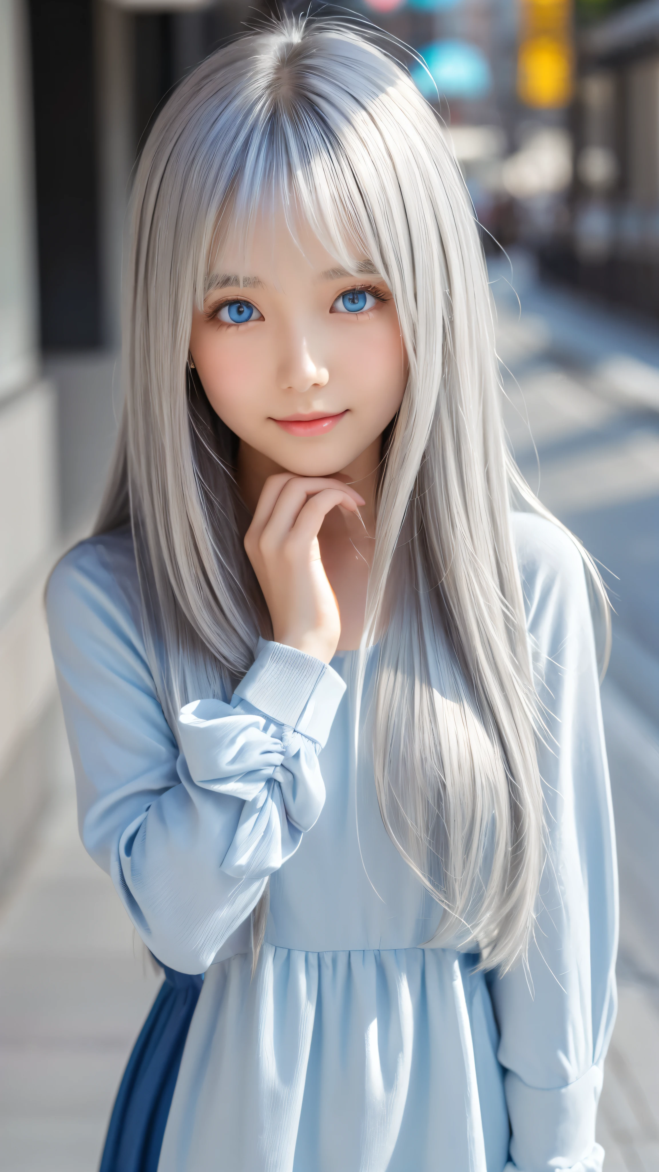 Shining, clear, white skin、Her windblown silver hair hides her beautiful face.、huge、28 years old cute sexy little beautiful face、Beautiful straight hair that stands out、growing up, Sparkling light blue eyes、long silky bangs that cover cute eyes, Sexy and cute young woman with super long hair hiding her sexy face、Shining silver hair