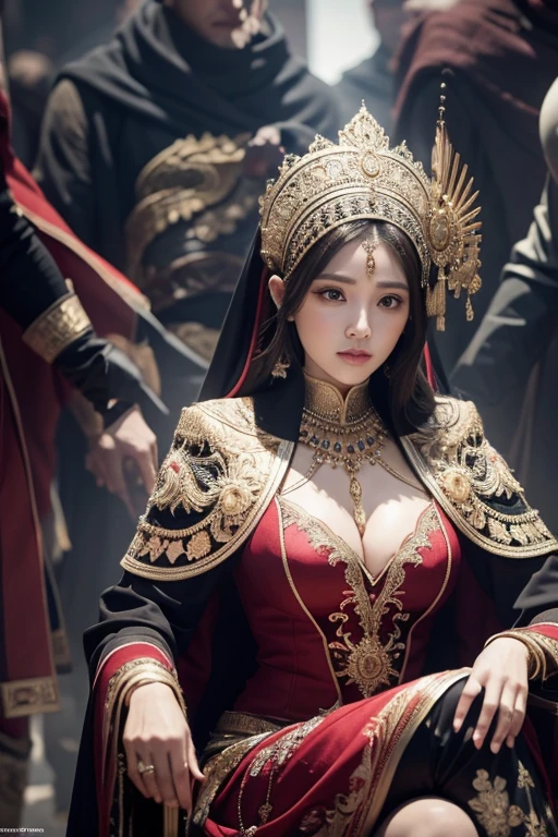 Compose a striking and cinematic photograph featuring a beautiful Malay woman in hijab and wear summer outfit seated on a throne as the leader of a mafia gang, surrounded by her loyal male followers. Use dramatic and moody lighting techniques to create a compelling atmosphere that highlights the intensity and power dynamic within the group. Pay special attention to the woman's confident and enigmatic expression as she commands the respect and allegiance of her followers. Capture the essence of their unity and authority, evoking a sense of intrigue and strength that defines their presence in the underworld."