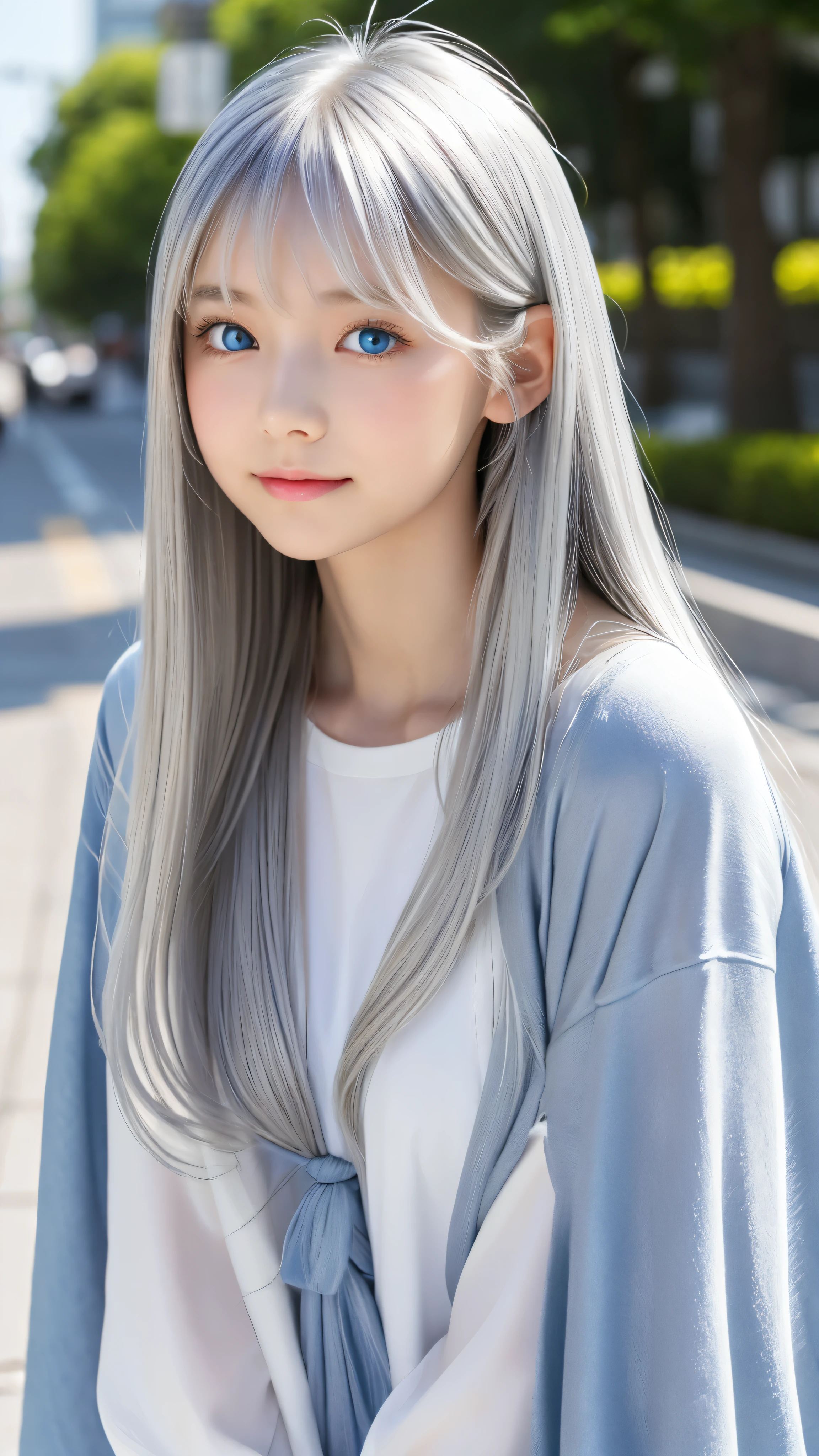 Shining, clear, white skin、Her windblown silver hair hides her beautiful face.、huge、28 years old cute sexy little beautiful face、Beautiful straight hair that stands out、growing up, Sparkling light blue eyes、long silky bangs that cover cute eyes, Sexy and cute young woman with super long hair hiding her sexy face、Shining silver hair