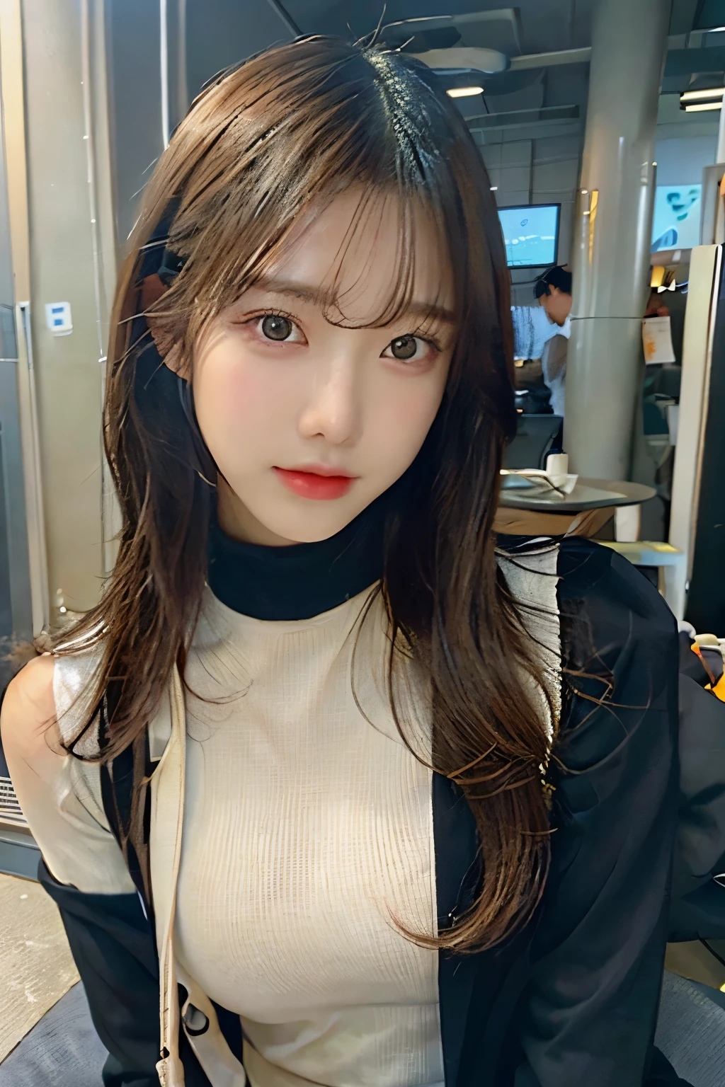 A girl on the campus of the future Tokyo Metropolitan University、(huge 、Wine red turtleneck knit、Expose)、(highest quality,masterpiece:1.3,超A high resolution,),(Ultra-detailed,Caustics),(Photorealistic:1.4,RAW shooting,)Ultra-Realistic Capture,Very detailed,High resolution 16K for human skin、 The skin texture is natural、、The skin looks healthy、The color is also uniform.、 Use natural light and color,One Woman,Japanese,,cute,Black-haired,Middle Hair,(Depth of written boundary、chromatic aberration、、Wide range of lighting、Natural Shading、)、(Hair swaying in the wind:1.2)、