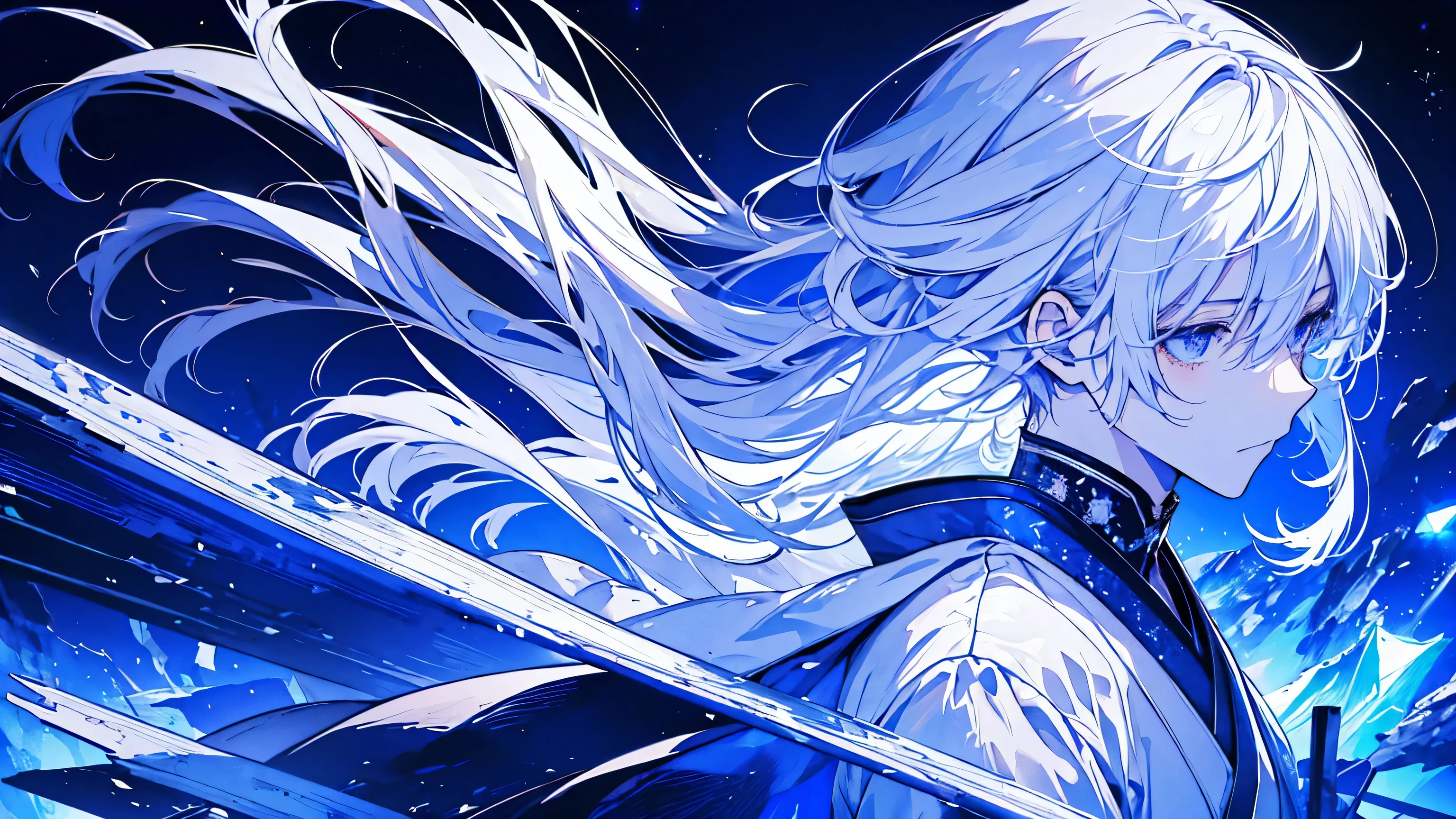 Japanese anime, boy, alone, Silvery white hair, White glass shards, crystallization, Night Sky, Winter Night, Starry Sky, Shooting Star Crossing, alone, silence, rendering, highest quality, masterpiece, whole body, Particle Light Effect, rendering