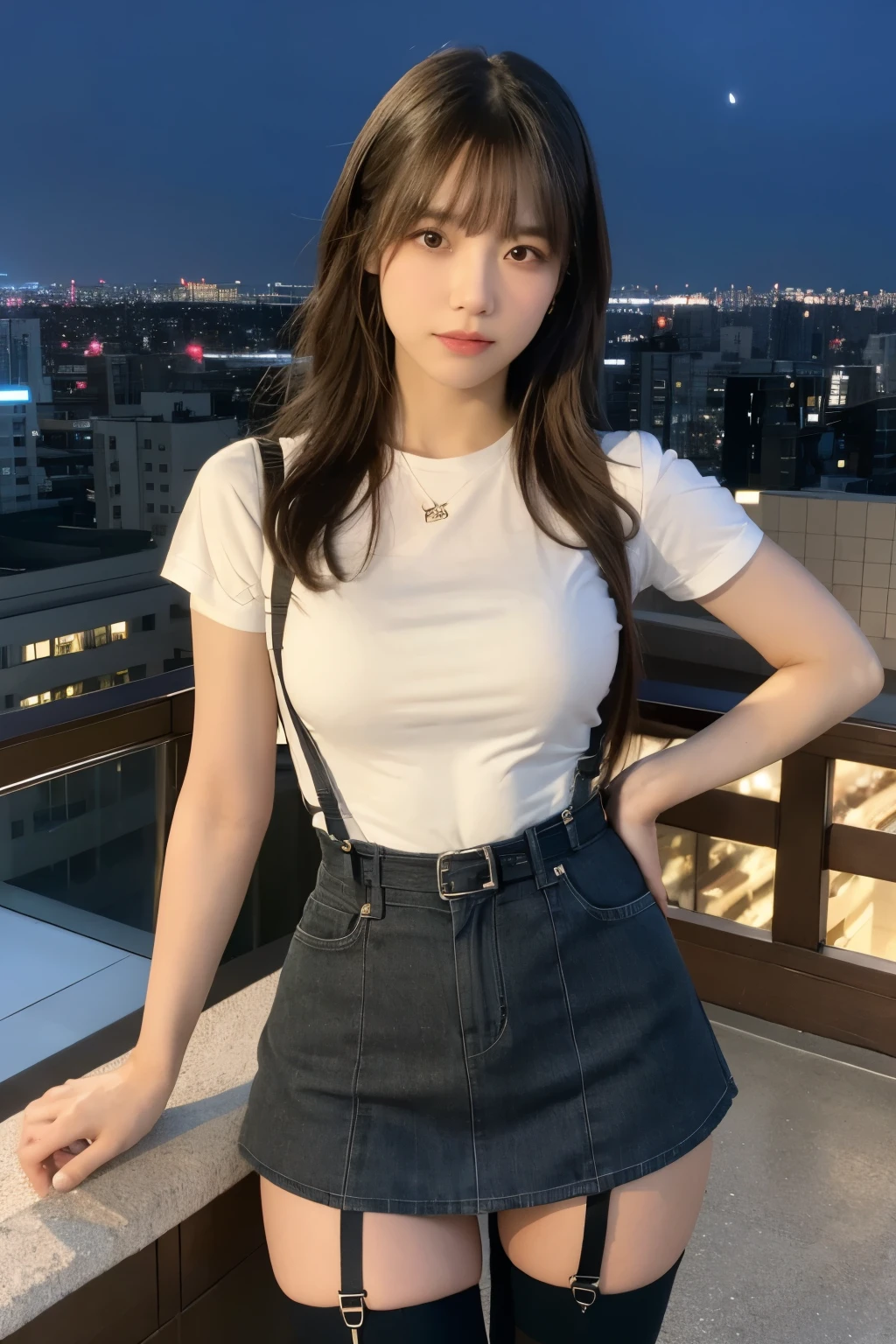 ((Midnight, highest quality, 8k, masterpiece :1.3)), whole body, Long legs, Sharp focus :1.2, Beautiful woman with perfect figure :1.4, Slim Abs :1.1, ((Dark brown hair, Big Breasts :1.2)), (White tight T-shirt, Jean Bib, Are standing:1.2), ((Night city view, rooftop:1.3)), Very detailedな顔と肌の質感, Fine grain, Double eyelids one girl,highest quality,masterpiece,figure,Very delicate and beautiful,CG,Unity,8k wallpaper,wonderful,In detail,masterpiece,Official Art,Very detailed CG Unity 8k wallpaper,Incredibly absurd,Large file size,Very detailedな,High resolution,Very detailed,Beautiful detailed girl,Realistic,from the front,Outdoor, suspenders Large swollen breasts Black mini skirt garter belt Knee-high socks bangs Beauty Hands up Black boots one person Dress shirt Hands Behind Back put your hands behind your back With your hands behind your back Armament holster A room at the Belt Hotel Bed Wall side
