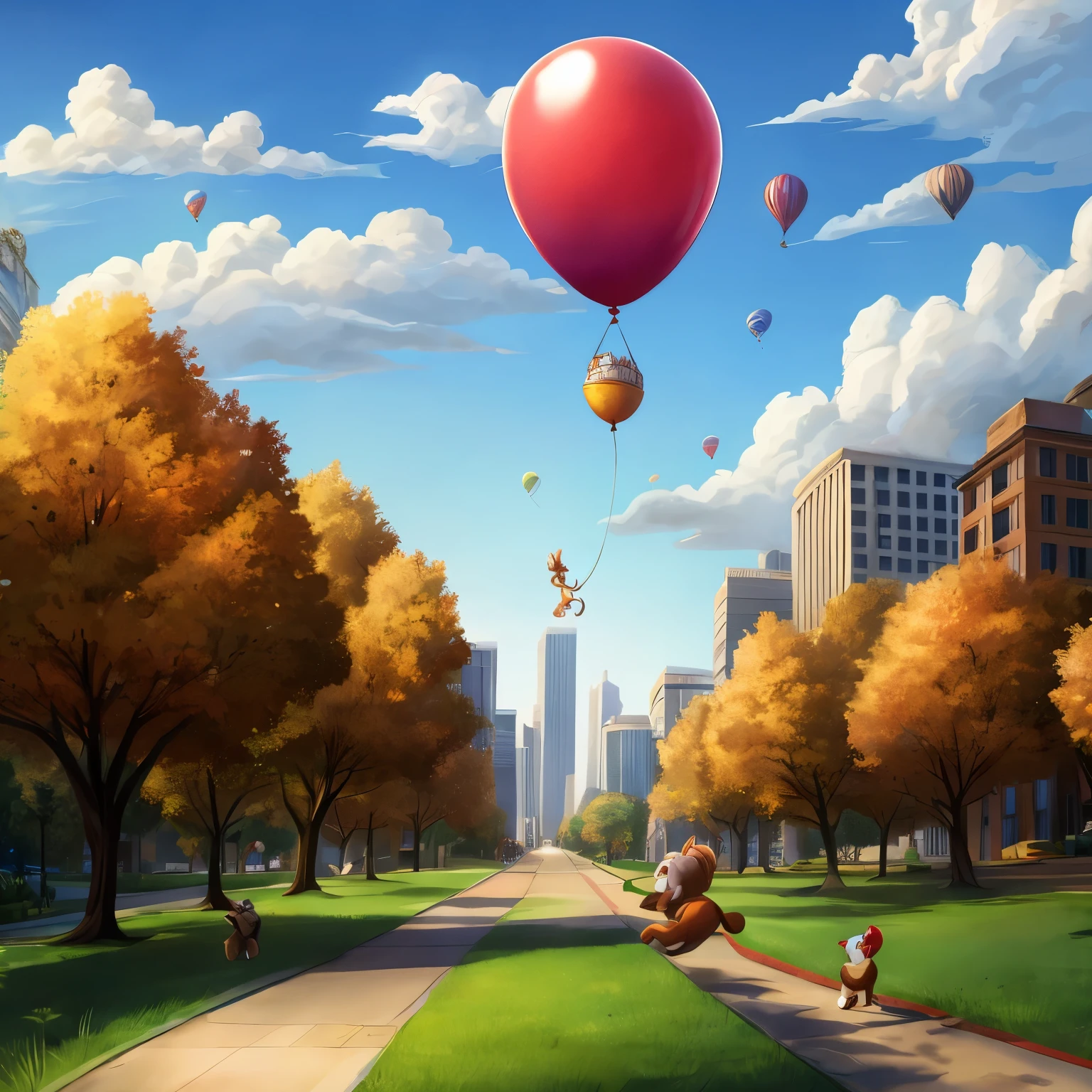 Charlie spots the balloon drifting away in the park.
Charlie chases after the balloon through the city streets.
The balloon floats over various landscapes.
Charlie finds the balloon tangled in a tree in a secluded clearing.