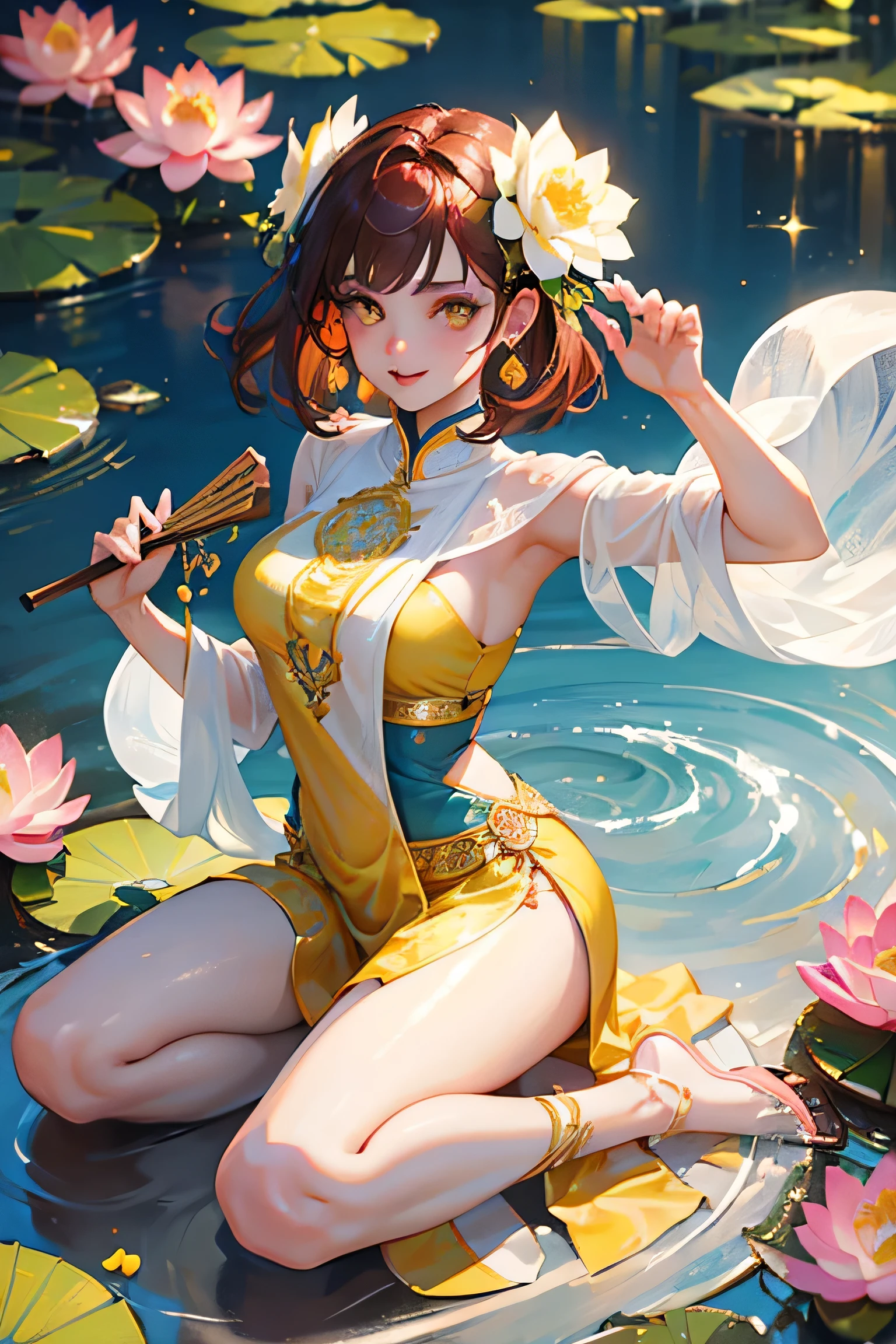 masterpiece, highest quality, so beautiful,A cool adult woman wearing a gorgeous Bollywood outfit、jasmine style、up to date,  Short reddish brown hair、Yellow Eyes、Outdoor, alone, Dance wildly,  View your viewers,  Holding a fan、holding fan, hair ornaments, Looking from above、Gorgeous、Blooming lotus flower background、gorgeous