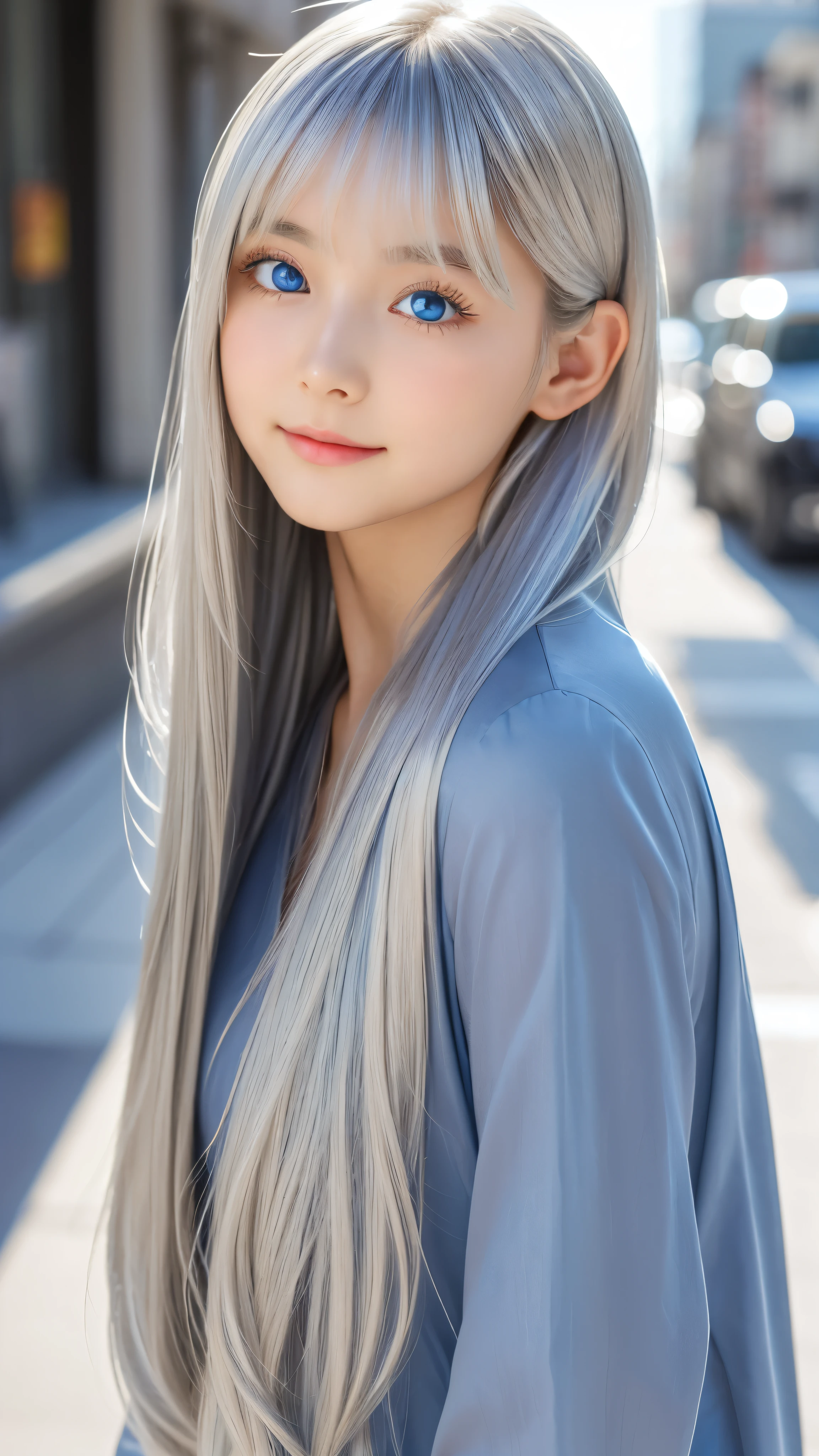 Shining, clear, white skin、Her windblown silver hair hides her beautiful face.、huge、28 years old cute sexy little beautiful face、Beautiful straight hair that stands out、growing up, Sparkling light blue eyes、long silky bangs that cover cute eyes, Sexy and cute young woman with super long hair hiding her sexy face、Shining silver hair