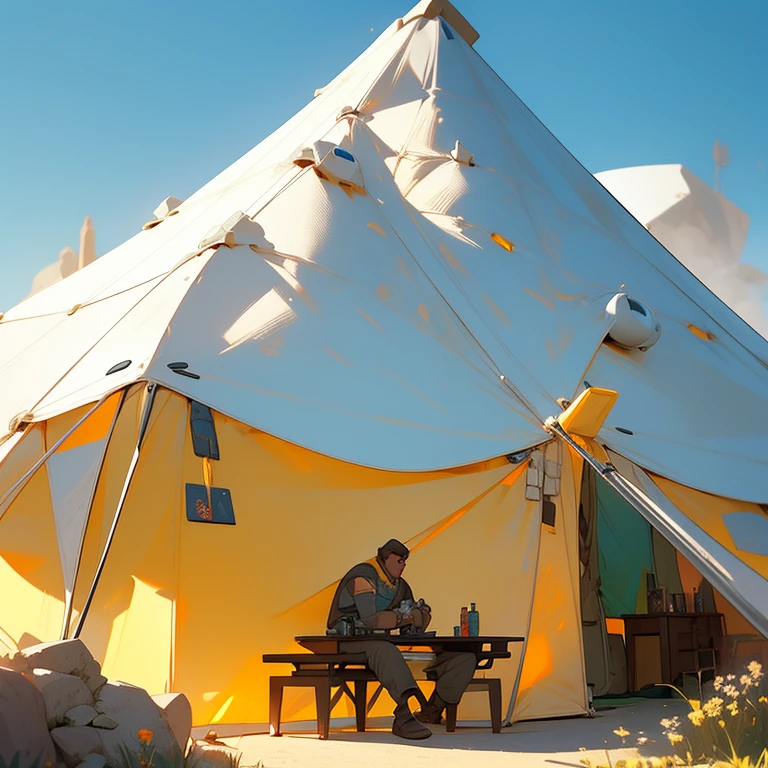 a giant robot standing next to a man in front of a tent, the hobbit art, official overwatch game art, by jake parker, resting after a hard mission, rpg reference sheet, streaming on twitch, cute art style, fairy tale illustrations, small settlements, patreon