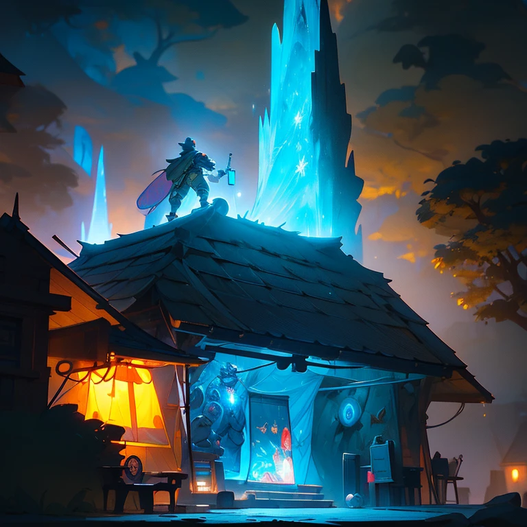 a giant robot standing next to a man in front of a tent, the hobbit art, official overwatch game art, by jake parker, resting after a hard mission, rpg reference sheet, streaming on twitch, cute art style, fairy tale illustrations, small settlements, patreon