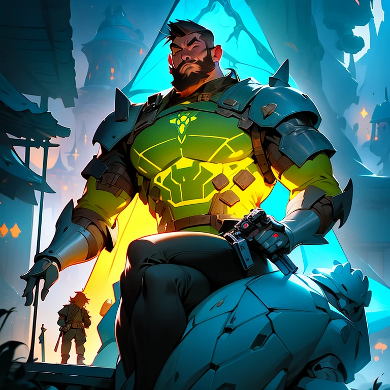 a giant robot standing next to a man in front of a tent, the hobbit art, official overwatch game art, by jake parker, resting after a hard mission, rpg reference sheet, streaming on twitch, cute art style, fairy tale illustrations, small settlements, patreon