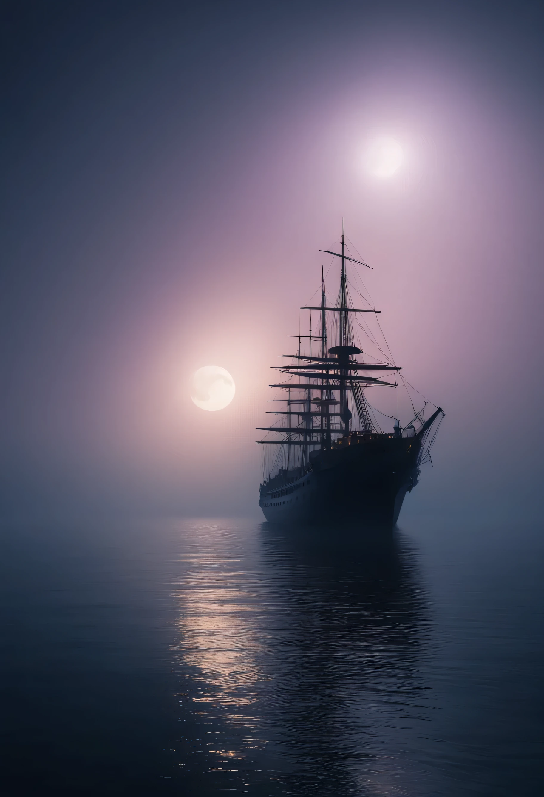 (best quality,4k,8k,highres,masterpiece:1.2),ultra-detailed,(realistic,photorealistic,photo-realistic:1.37),ship drifting in the calm sea at night,ship seen from afar,sea and sky with fog,fog almost hiding the ship,calm water reflection,moonlight reflecting on the sea,peaceful and serene atmosphere,dark and mysterious ambience,soft and diffused lighting,subtle waves gently lapping against the ship,majestic and solitary ship silhouette,stars twinkling in the night sky,dark blue and purple color palette,hint of moonlight breaking through the fog,mysterious and ethereal feel,quiet and desolate surroundings.