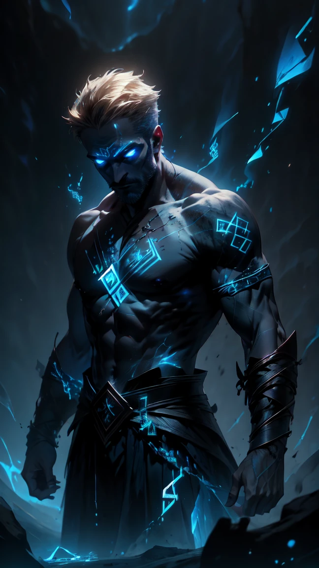 (masterpiece, realistic, best quality, (beautiful and aesthetic:1.4), extremely detailed), (dark fantasy:1.4) (rough male dark mage,  (35 years old), short blond hair, unshaved, blue eyes), (body covered in glowing runic tattoo, (glowing runes:1.4)), covered in scars, sleeveless, ((demonized hand, detailed glowing eyes, casting spell)), (in underworld, hell, dark scene), standing in dark shadow, dynamic pose, (dark blue theme:1.3), (blue energy magic swirling around:1.3), cinematic lighting, r1ge, GlowingRunes_paleblue, dark blue glow, cracks, glowing cracks, cracked skin, shattered skin, fractured skin, broken skin, detailed face, (detailed weathered skin), (solo:1.3), (1male:1.4), (elegant, intricate, digital photography, high quality, CG, 4k, extremely detailed, sharp, HDR),