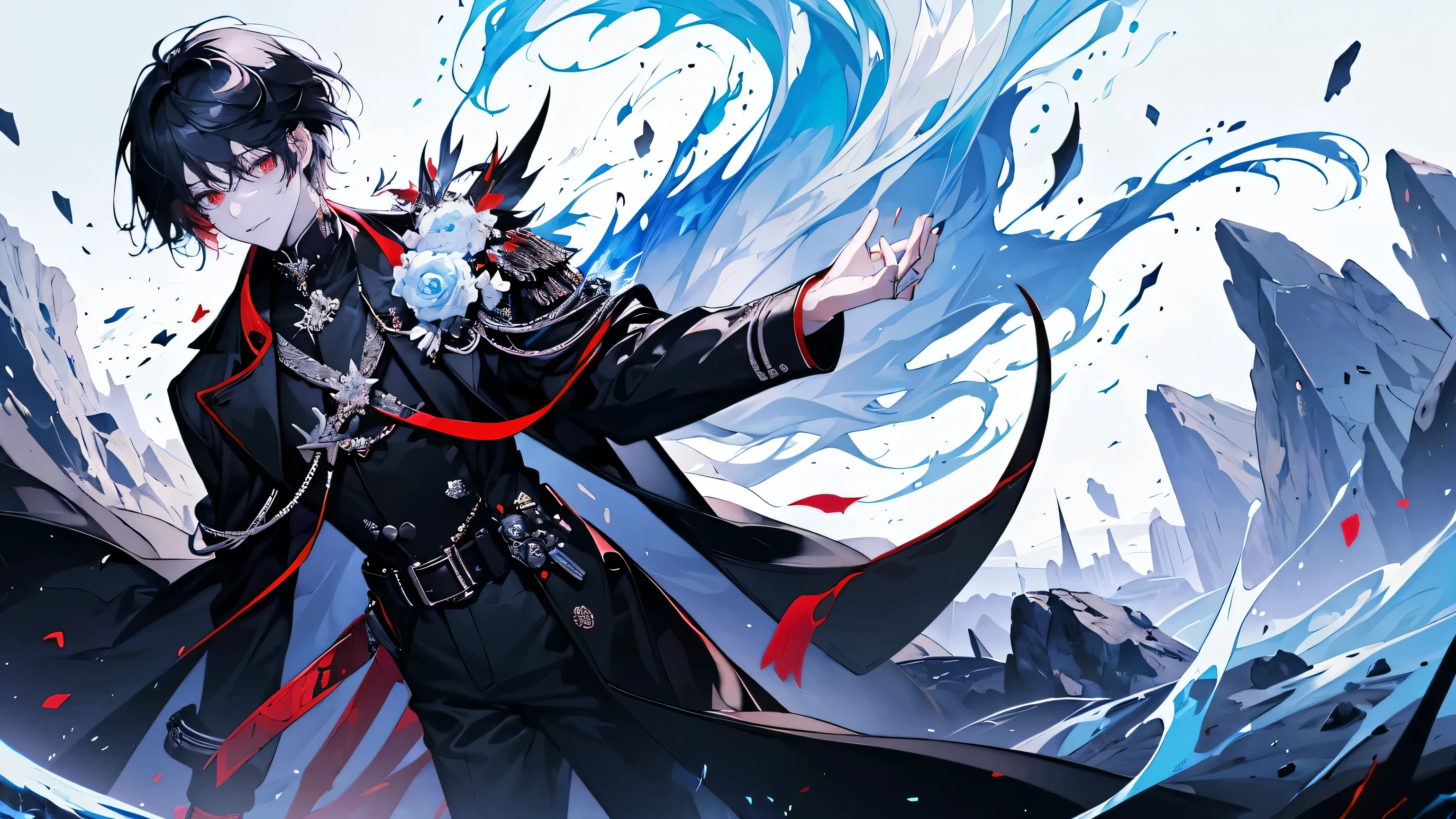 (Absurd, High resolution), (Panorama), male, very handsome, fly in the sky, Red eyes, short hair, Black Hair, smile, White trench coat, Black trousers, Black boots, (White magic streamer for hands), Medieval winds, Magic Flower, (Blue magic circle under my feet), Ancient Wind, Soul Ring, exaggeration