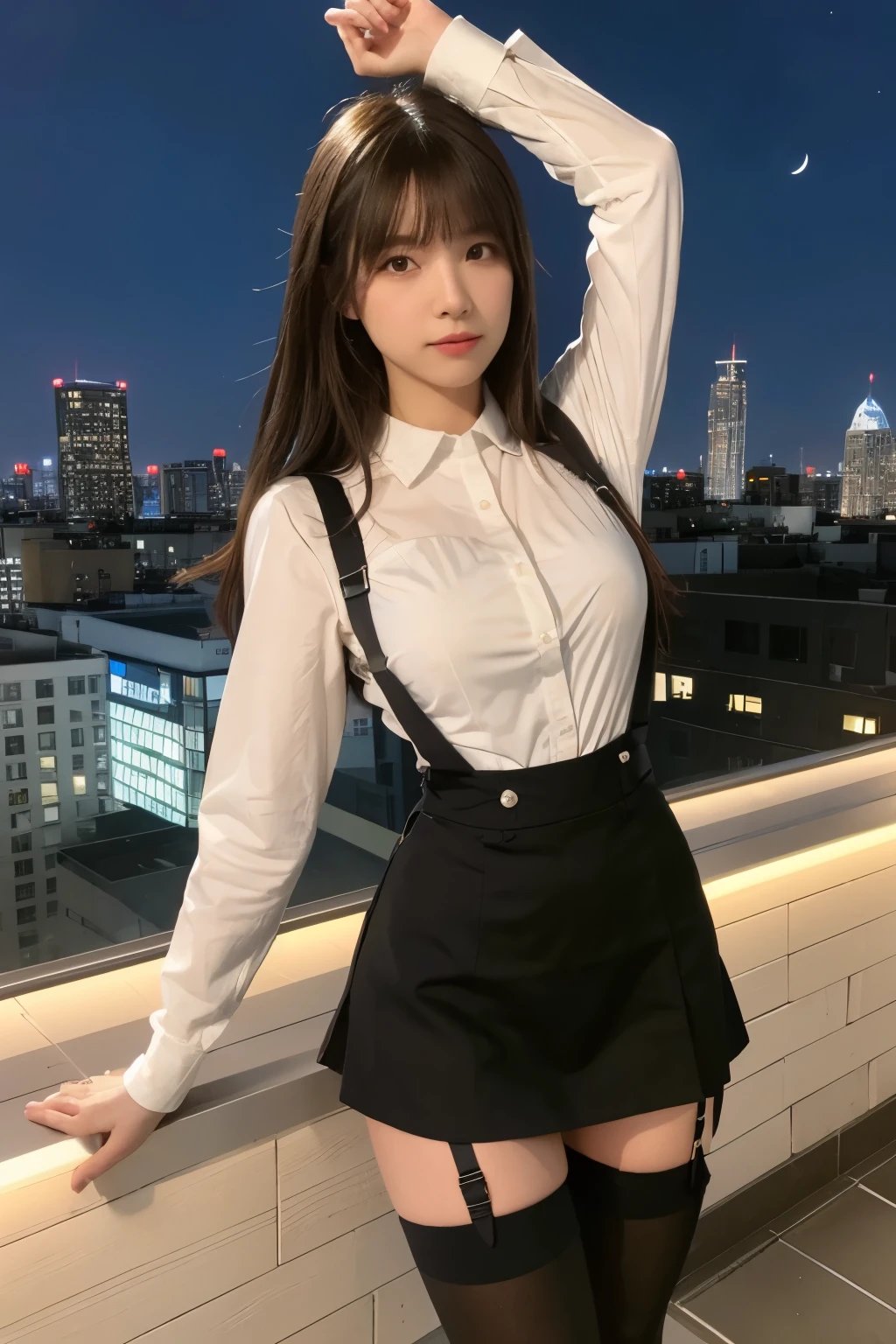 ((Midnight, highest quality, 8k, masterpiece :1.3)), whole body, Long legs, Sharp focus :1.2, Beautiful woman with perfect figure :1.4, Slim Abs :1.1, ((Dark brown hair, Big Breasts :1.2)), (White tight T-shirt, Jean Bib, Are standing:1.2), ((Night city view, rooftop:1.3)), Very detailedな顔と肌の質感, Fine grain, Double eyelids one girl,highest quality,masterpiece,figure,Very delicate and beautiful,CG,Unity,8k wallpaper,wonderful,In detail,masterpiece,Official Art,Very detailed CG Unity 8k wallpaper,Incredibly absurd,Large file size,Very detailedな,High resolution,Very detailed,Beautiful detailed girl,Realistic,from the front,Outdoor, suspenders Large swollen breasts Black mini skirt garter belt Knee-high socks bangs Beauty Hands up Black boots one person Dress shirt Hands Behind Back put your hands behind your back With your hands behind your back Armament holster A room at the Belt Hotel Bed Wall side