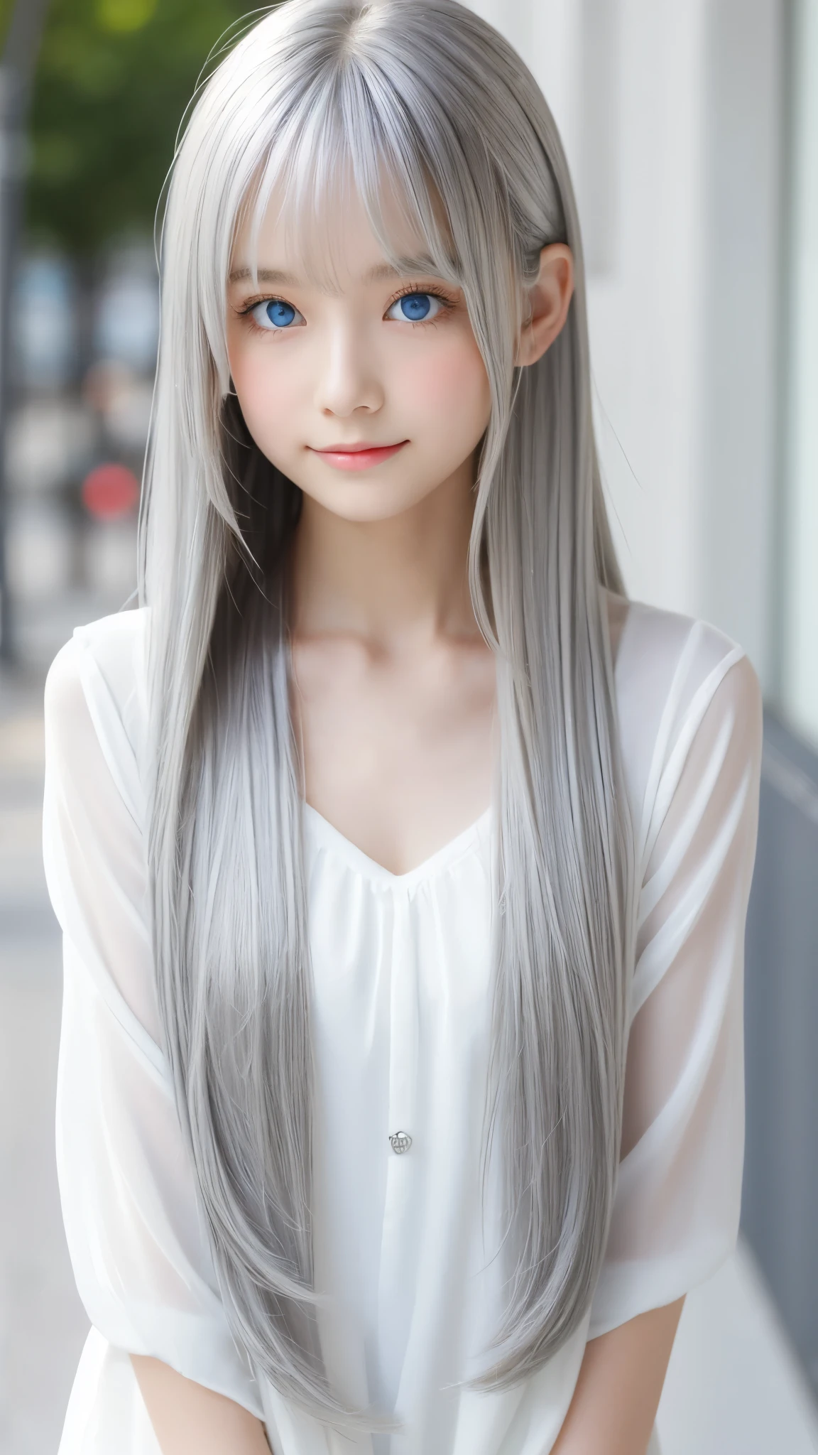 Shining, clear, white skin、Her windblown silver hair hides her beautiful face.、huge、28 years old cute sexy little beautiful face、Beautiful straight hair that stands out、growing up, Sparkling light blue eyes、long silky bangs that cover cute eyes, Sexy and cute young woman with super long hair hiding her sexy face、Shining silver hair