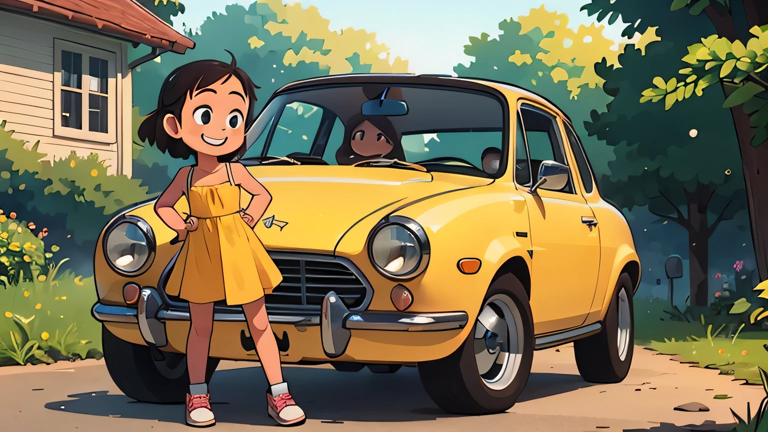 Octane Rendering、(Hyper Detail: 1.15)、(Soft Light、sharp: 1.2)、morning、In the parking lot of a country house、Very small old modified yellow sports car,Very short dress,Cute young girl、sneakers,Tabletop, Anatomically correct、Laughter, Dazzling Light,