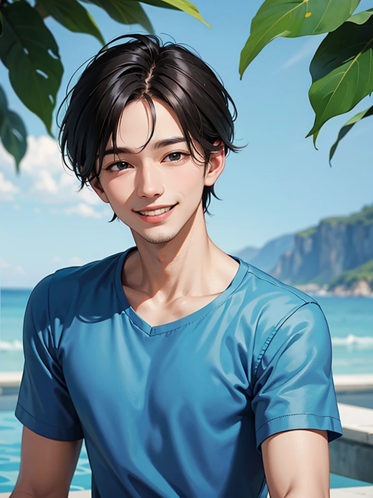 1man, blue shirt, smile, handsome,