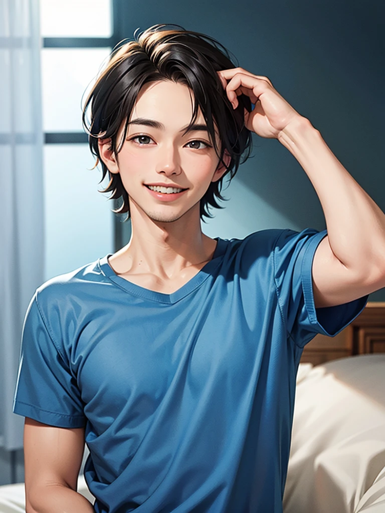 1man, blue shirt, smile, handsome,