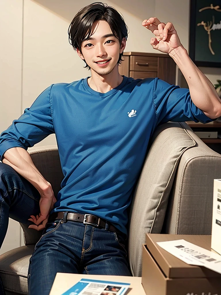 1man, blue shirt, smile, handsome,
