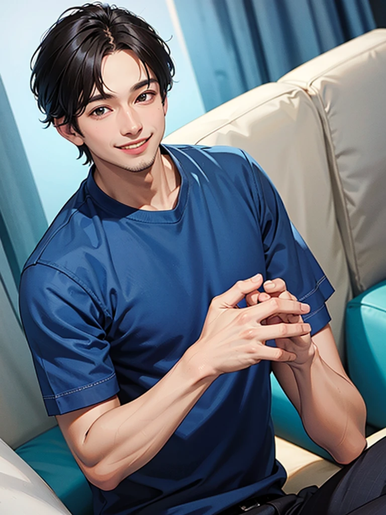 1man, blue shirt, smile, handsome,