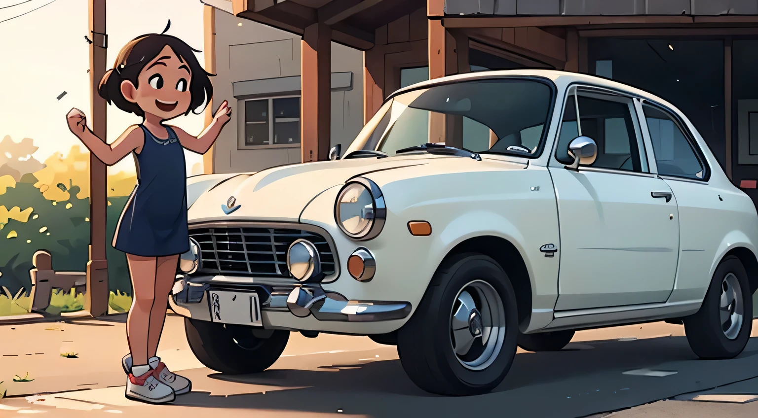 Octane Rendering、(Hyper Detail: 1.15)、(Soft Light、sharp: 1.2)、morning、In the parking lot of a country house、Very small old white modified car，Very short dress、Cute young girl、sneakers，Tabletop, Anatomically correct、Laughter, Dazzling Light