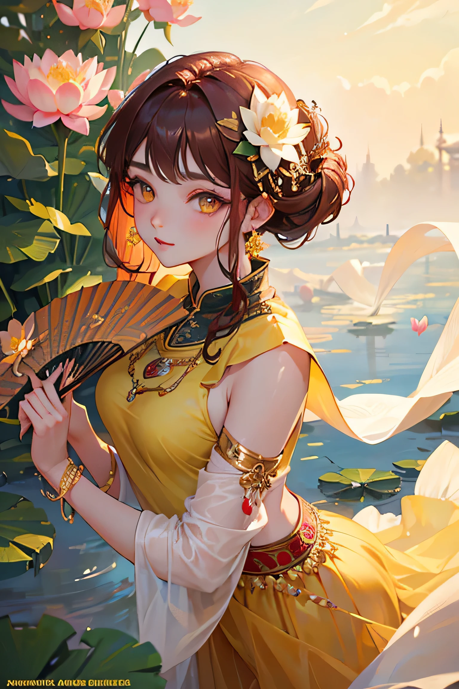 masterpiece, highest quality, so beautiful,A cool adult woman wearing a gorgeous Bollywood outfit、jasmine style、up to date, Short reddish brown hair、Yellow Eyes、Outdoor, alone, Dance wildly, View your viewers, Holding a fan、holding fan, hair ornaments, Looking from above、Gorgeous、Blooming lotus flower background、gorgeous