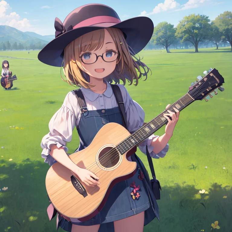 masterpiece、highest quality、High resolution、Very detailed、Medium wide shot、Cowboy Shot、Girl、Are standing、Playing the guitar、Glasses、laughing、grassland、blue sky、Surrounded by children、