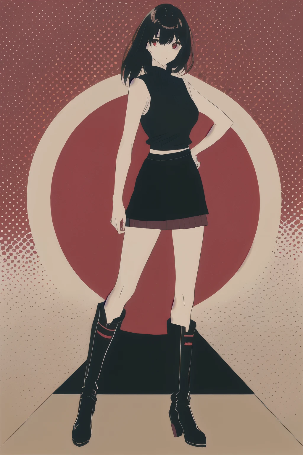 asdKMFDM,rear view cute young woman in short skirt,simple,sharp focus,hard lines,stylized stencil effect,white black and red color scheme,album art,<lora:KMFDM_02_Civ:1>,<lyco:gendou pose:1>,