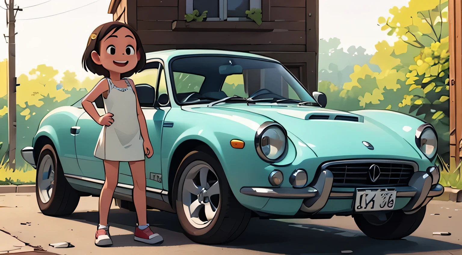Octane Rendering、(Hyper Detail: 1.15)、(Soft Light、sharp: 1.2)、morning、In the parking lot of a country house、Very small old white modified sports car，Very short dress，Cute young girl、sneakers，Tabletop, Anatomically correct、Laughter, Dazzling Light，
