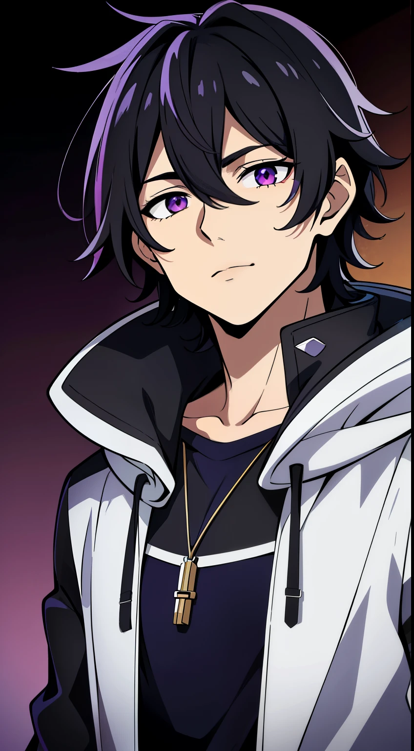 (high-quality, breathtaking),(expressive eyes, perfect face) 1male, male , solo, teenager, short hair length, wavy curly hair, messy hair, white and black hair color, multicolored hair, deep purple eye color, music, mature, haunting twilight background, slightly narrow eyes, hooded jacket, dark purple blue shirt, modern attire, VFlower Vocaloid Male Version, silver star necklace, detailed eyes, portrait, headshot
