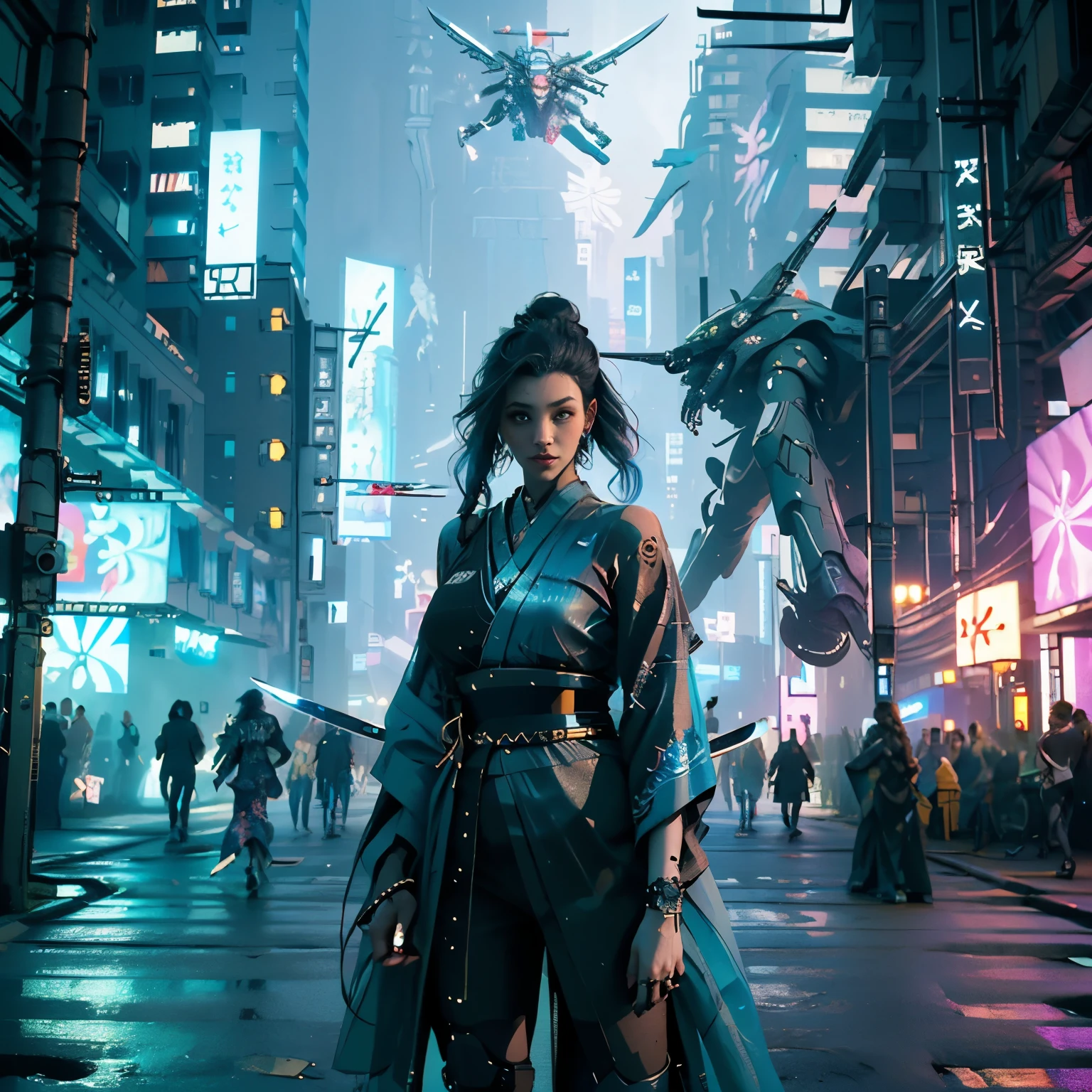 highest quality、Super fine、Realistic、A young and very beautiful woman、Beautiful detailed eyes、Beautiful detailed lips、cyberpunk、huge breasts、(Holographic kimono:1.4)、((Mecha、Armament、knife、Cyberpunk city girl:1.37))、neon、Street graffiti、Night view、Mysterious atmosphere、High-tech gadgets、Vibrant colors、 Glowing Effects、Urban decline、skyscraper、Bustling Crowd、Urban fashion、Sleek and futuristic design、Technological advances、Edgy hairstyles、Dark Alley、Electronic Music、Energy Beam、A strong and confident posture、Cool and confident look、詳細なMechaアーマー、Cowboy Shot、Samurai girl