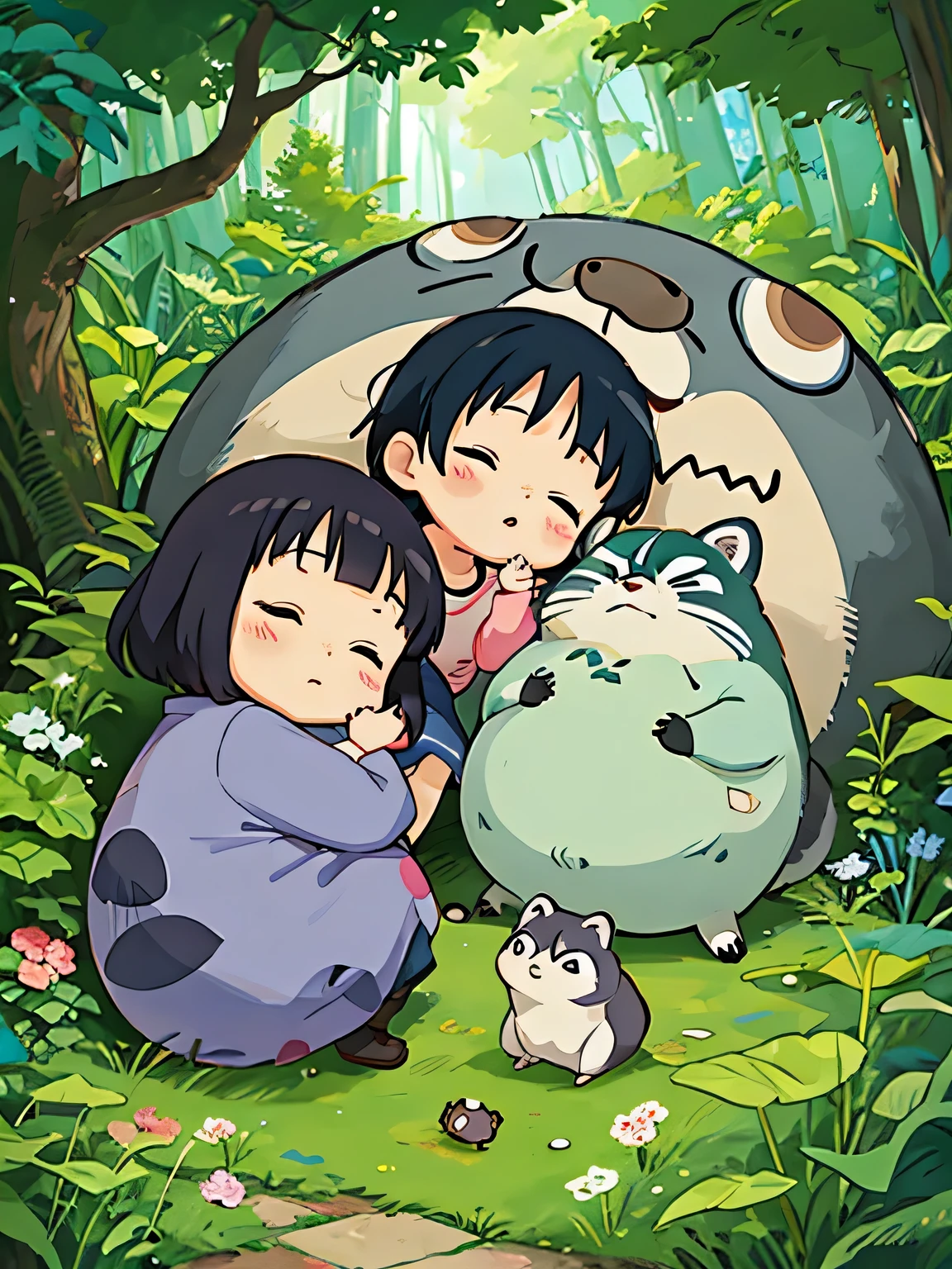 hayao miyazaki style, Kawaii Design, The most beautiful girl of all time、Chibi, Totoro、sleeping together、Lots of cute raccoons、Playing with raccoon dogs、Totoro Forest