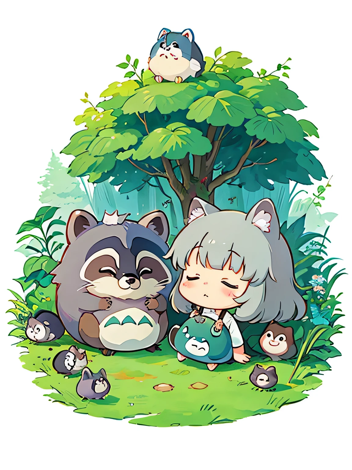 hayao miyazaki style, Kawaii Design, The most beautiful girl of all time、Chibi, Totoro、sleeping together、Lots of cute raccoons、Playing with raccoon dogs、Totoro Forest