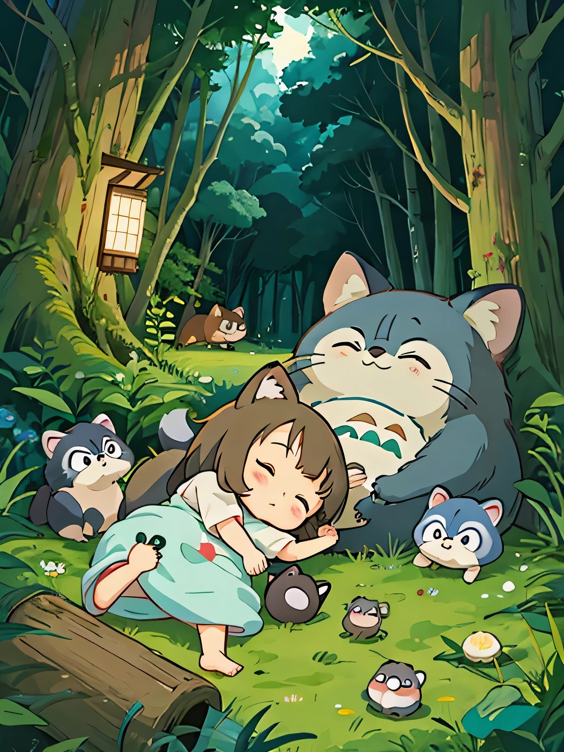 hayao miyazaki style, Kawaii Design, The most beautiful girl of all time、Chibi, Totoro、sleeping together、Lots of cute raccoons、Playing with raccoon dogs、Totoro Forest