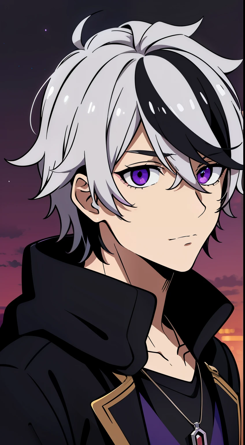 (high-quality, breathtaking),(expressive eyes, perfect face) 1male, male , solo, teenager, short hair length, wavy curly hair, messy hair, white and black hair color, multicolored hair, deep purple eye color, music, mature, haunting twilight background, slightly narrow eyes, hooded jacket, dark purple blue shirt, modern attire, VFlower Vocaloid Male Version, silver star necklace, detailed eyes, portrait, headshot
