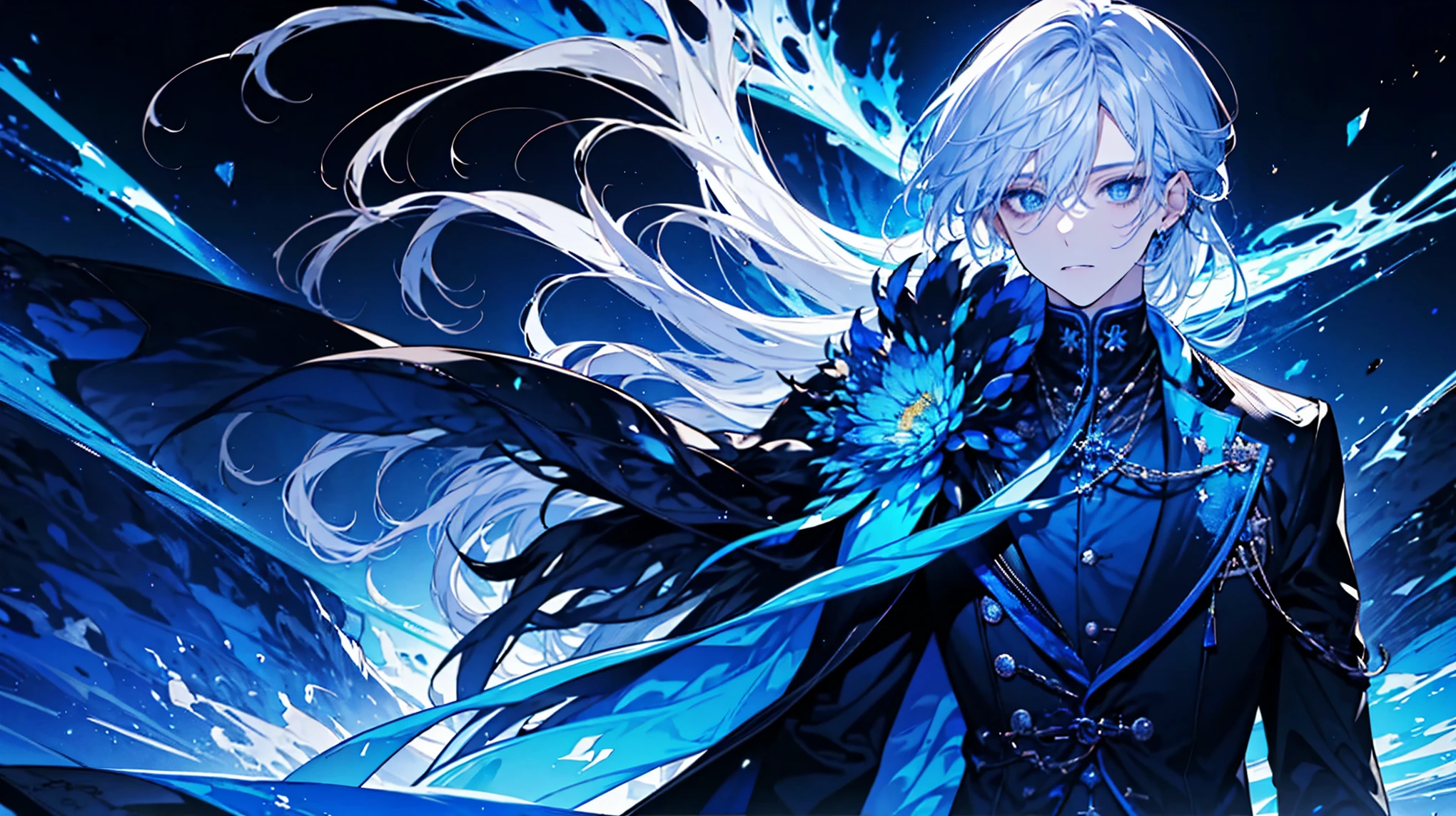 boy, good looking, Fair skin, resolute eyes, Long flowing blue-silver hair, blue eyes, strict, Black clothes, Antique Style, 8k, I'll give, inflammation, Colorful light, Starry Sky, milky way, whole body