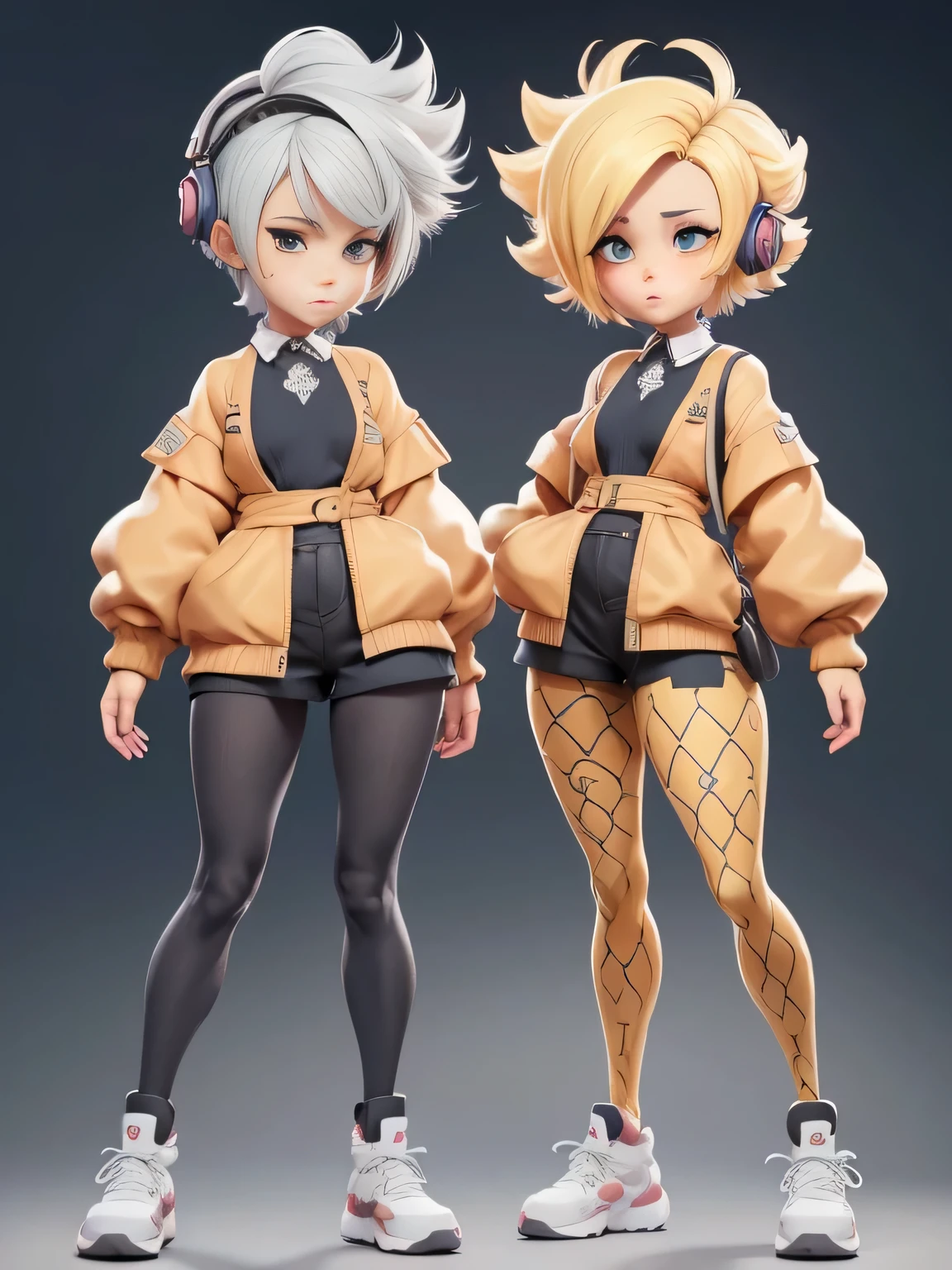 interessante,estilo anime 3D realista, standing model ,grandes olhos brilhantes,Cabelo haine de cor clara,Roupas legais,fone de ouvido🎧 ,pacote,8K details and resolution. Solid Background Pattern, (lesbian full body, incluindo pernas: 1.5)