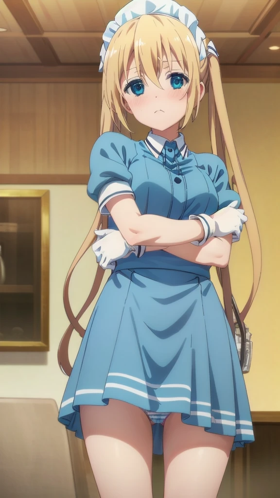 masterpiece, best quality, highres, kaho hinata, maid, maid headdress, waist apron, (blue shirt, blue skirt:1.2), short sleeves, white gloves, looking at viewer, crossed arms, pout, blush, cafe,(showing panties:1.3), indoors