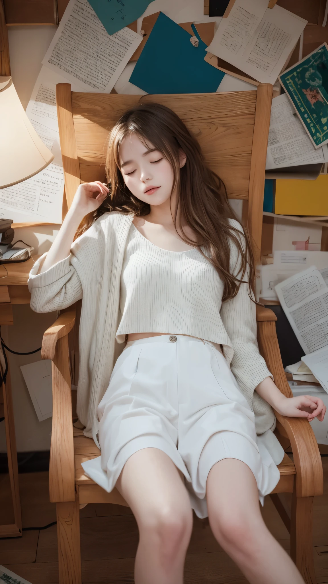 Girl in a dream.I have long colorful hair.Wearing white clothes.She is having a nap.It's a rock band.Notes flying around.It is an illustration of the highest quality.It is a beautiful illustration.Very colorful.,she is sleeping on the chair .