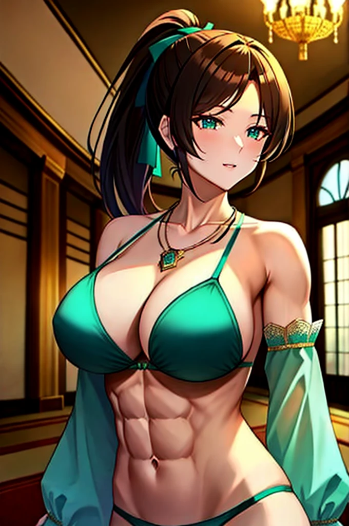 (large breasts), teal bikini, large teal detached sleeves, milf, abs, ponytail, imperial palace, necklace, brunette, indoors