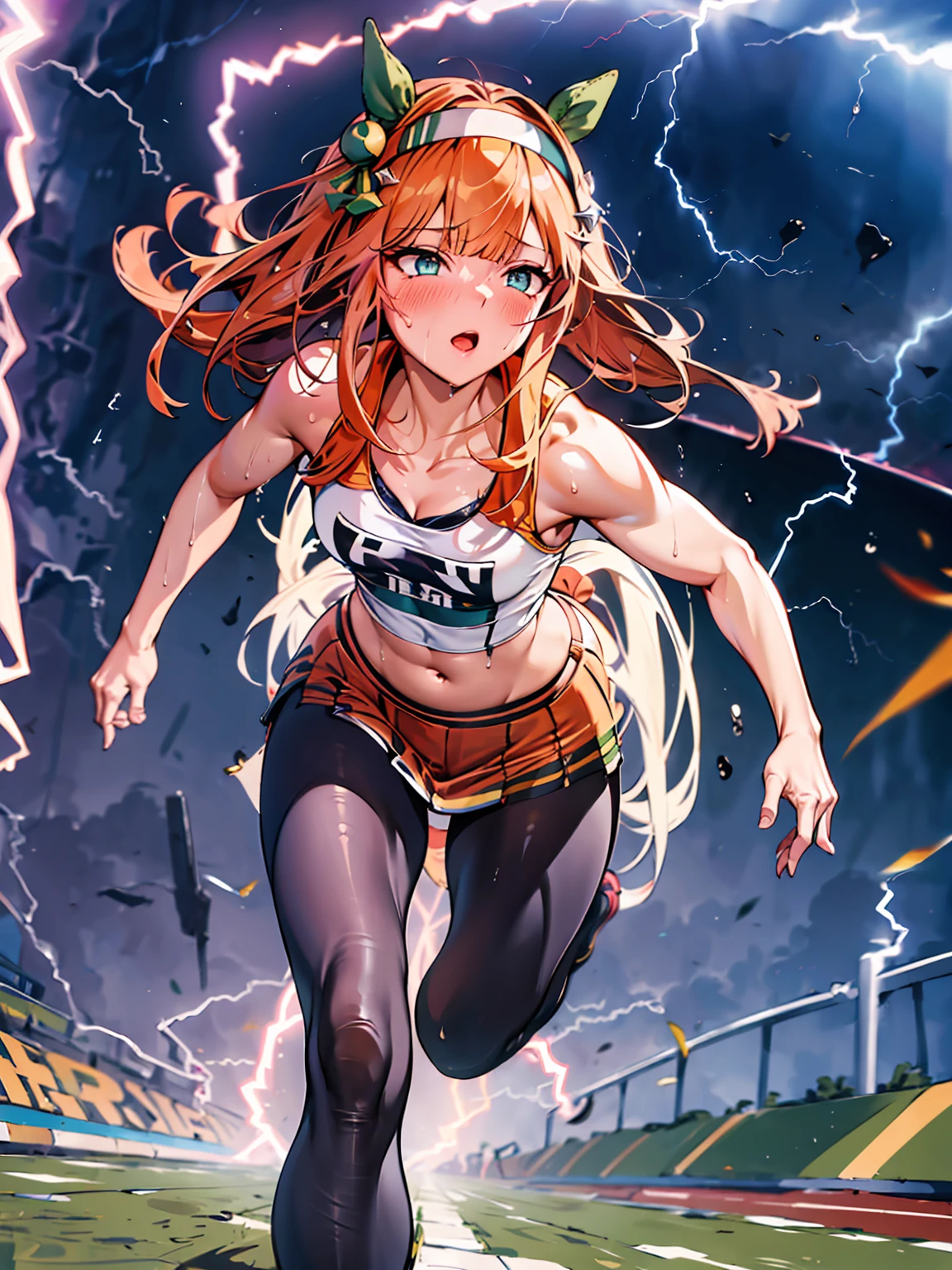 Best image quality、High resolution、masterpiece、super high quality、Arena、Run、颯爽とRun、Sweaty、very short pleated skirt、Heavy breathing、Blushing、4K quality、Black Pantyhose、Voluptuous thighs、A large number of runners、Athletics Stadium、storm